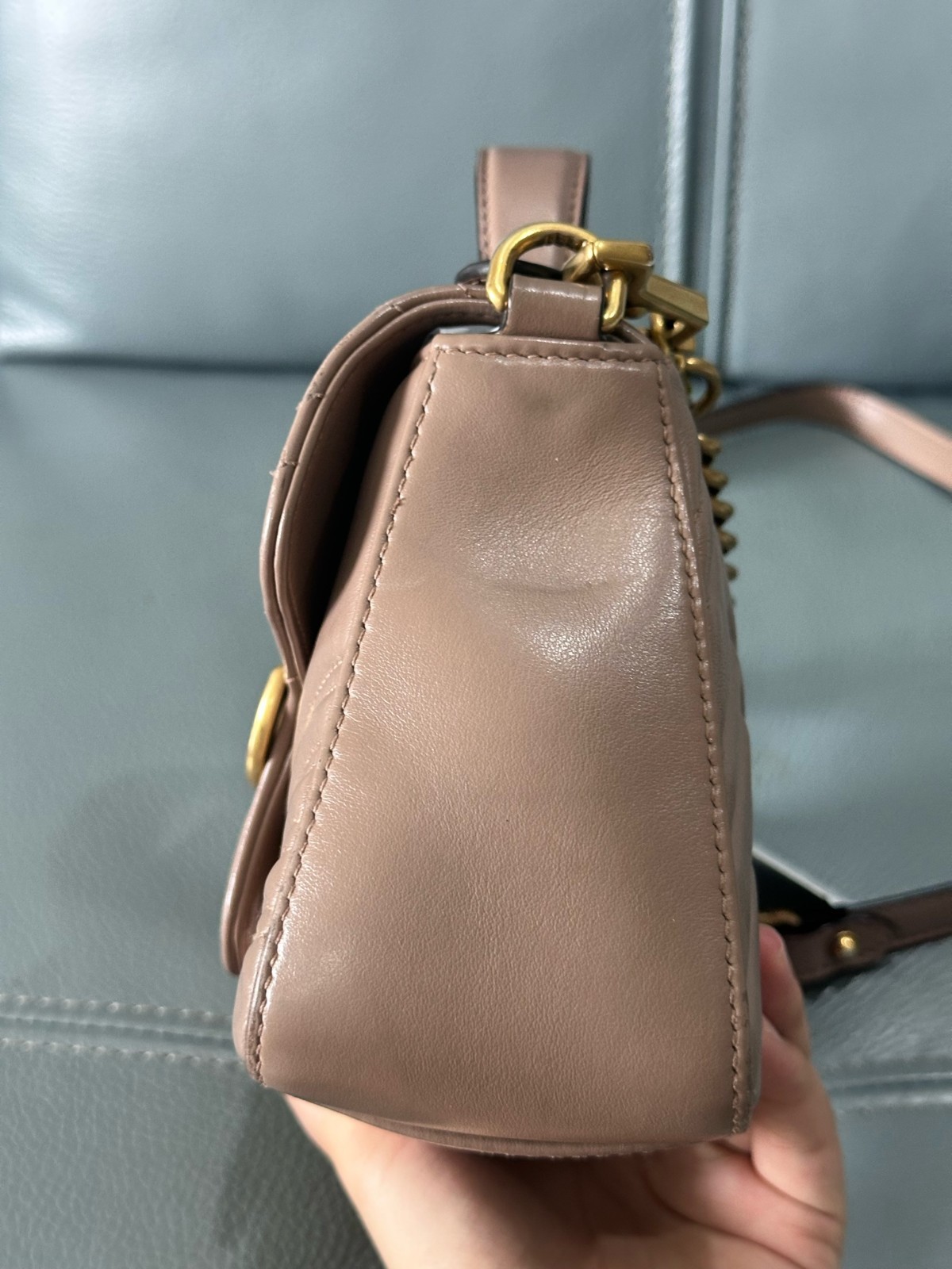 Gucci GG Marmont Mini Dusty Pink Calfskin Gold Chain Flap Crossbody Handbag
