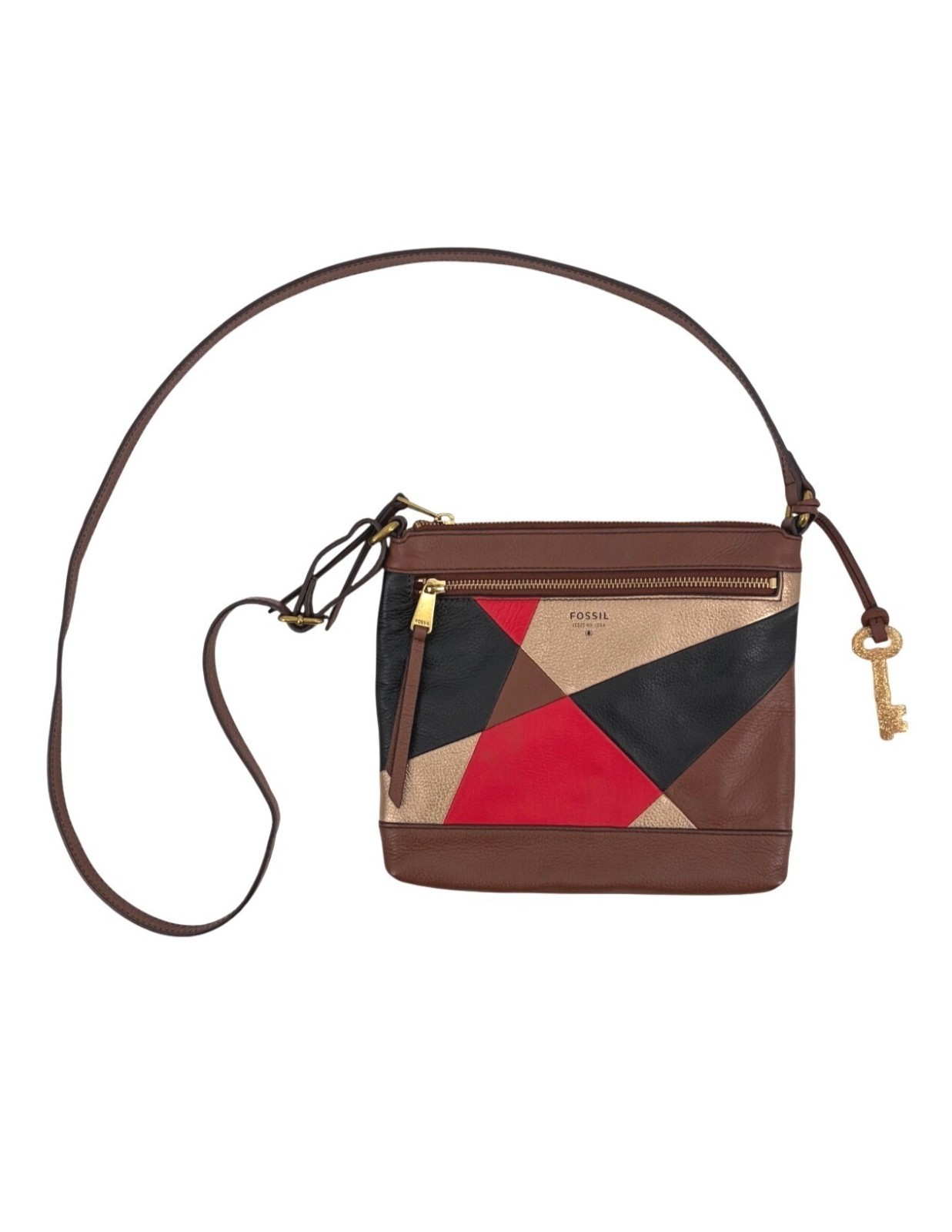 Fossil Fiona Boho Leather Color Block Crossbody Bag Inner Pockets Key Charm