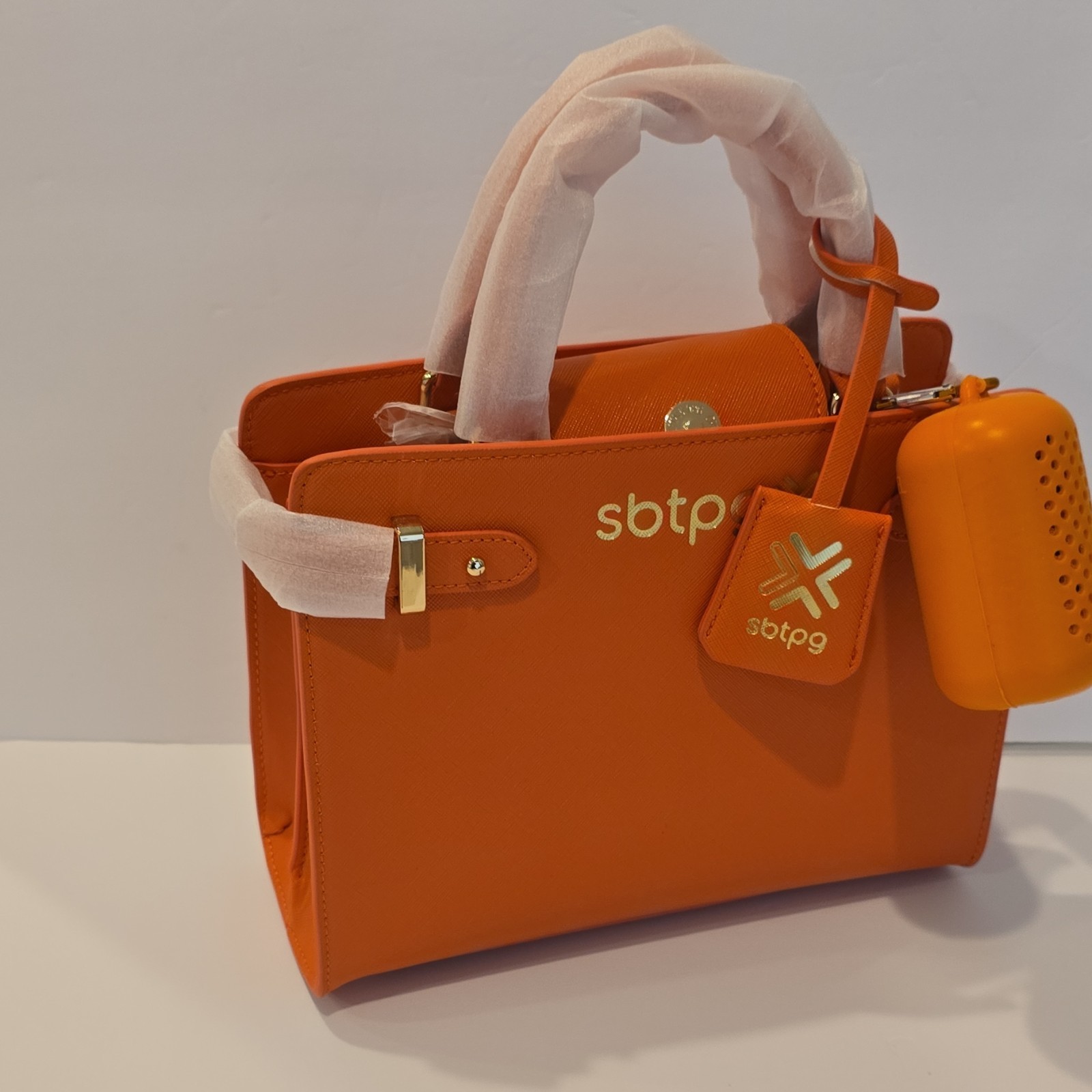 sbtpg Orange Zip Satchel Top Handle Bag w/ Bag Charm, Hangtag, Inner Pockets