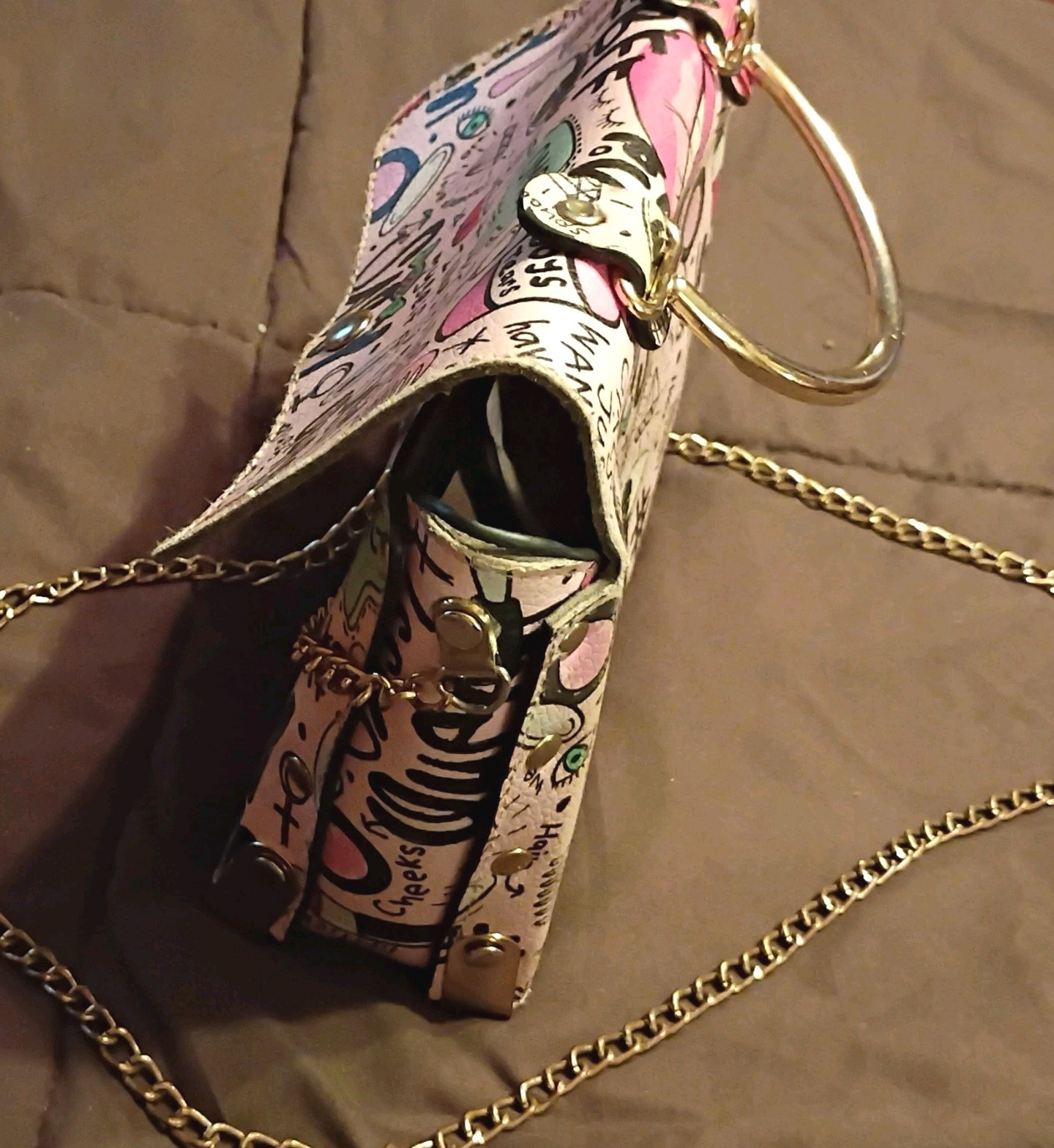 Multicolor Graphic Print Small Shoulder Bag Gold Chain Strap Metal Handle