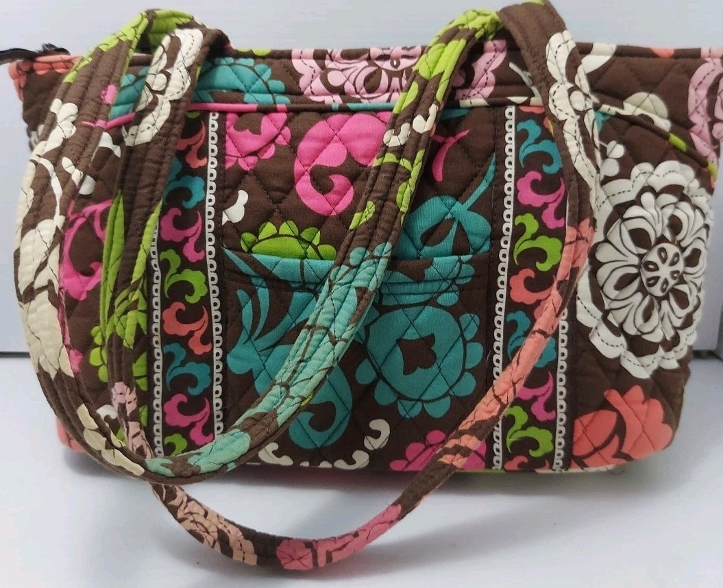 Vera Bradley Lola Brown Print Double Handle Shoulder Bag Tote 13″ Made In USA