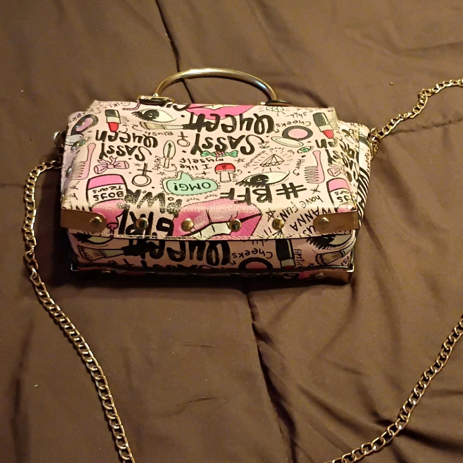Multicolor Graphic Print Small Shoulder Bag Gold Chain Strap Metal Handle