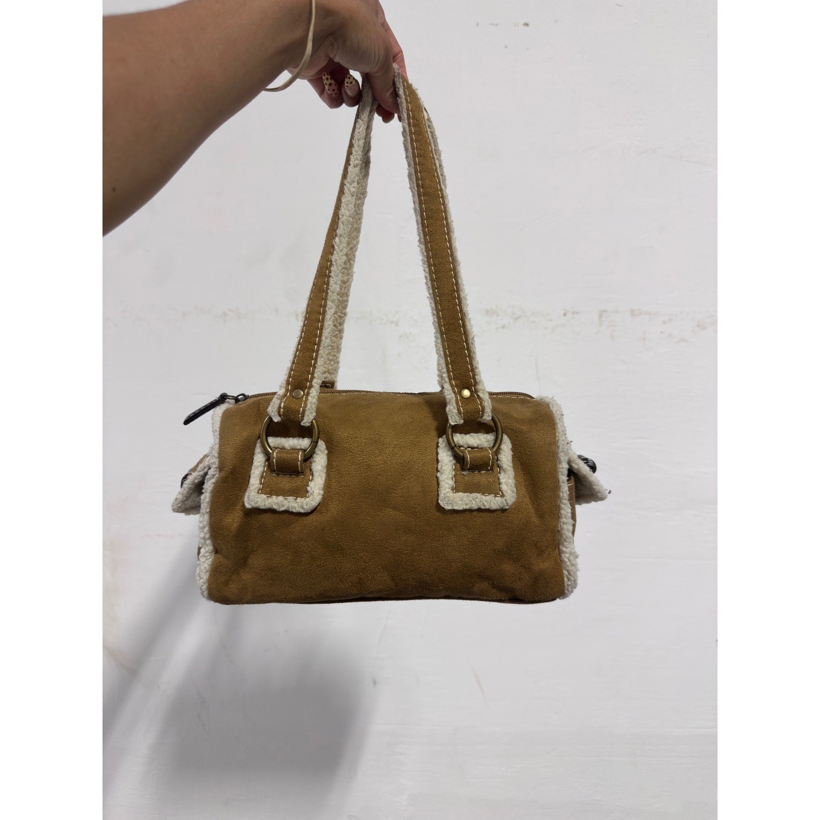 Bath and Body Works Y2K Sherpa Trim Faux Suede Barrel Shoulder Bag Tan Brown