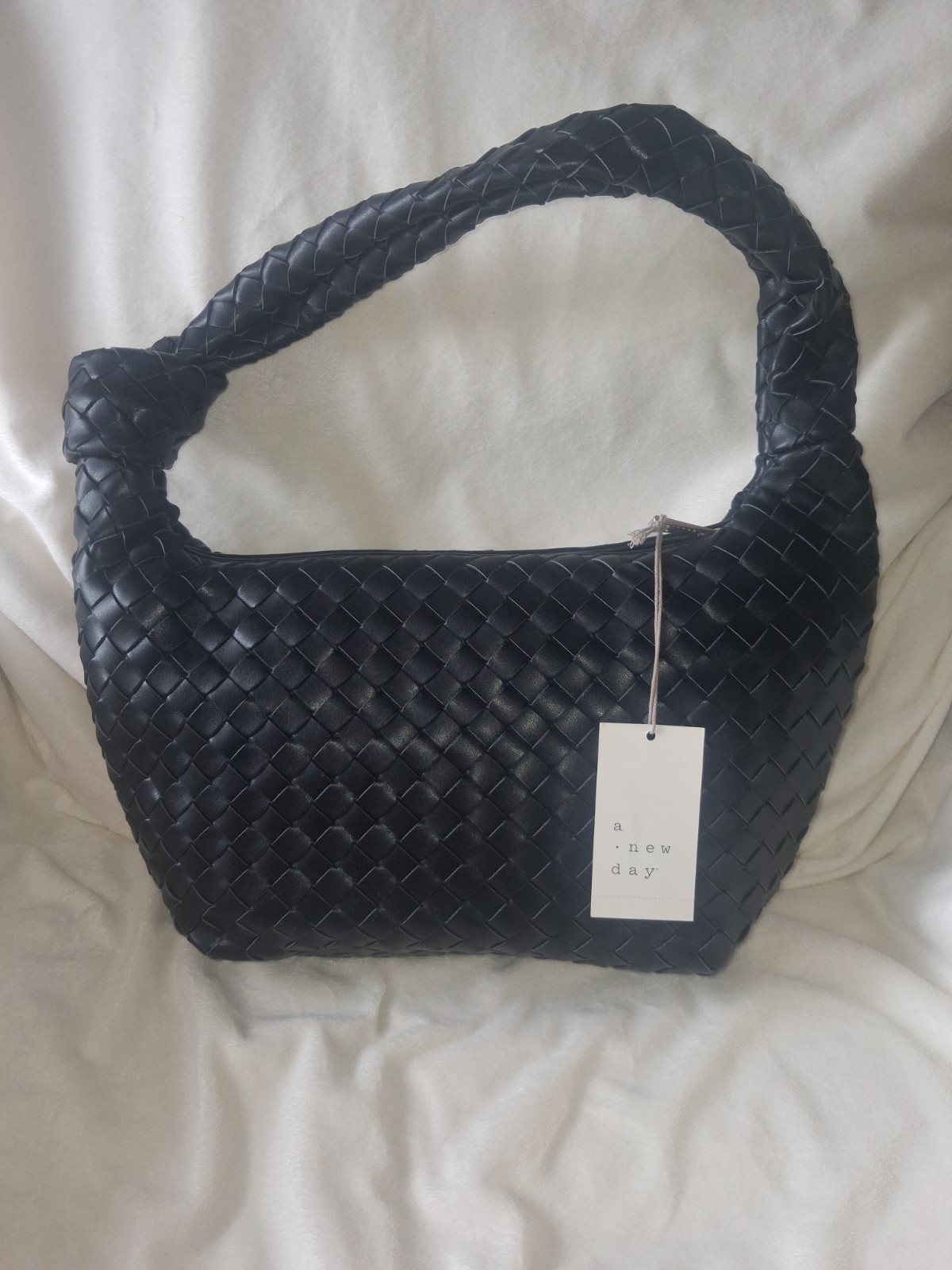A New Day Black Medium Woven Crescent Shoulder Bag Gold Hardware Zip Closure