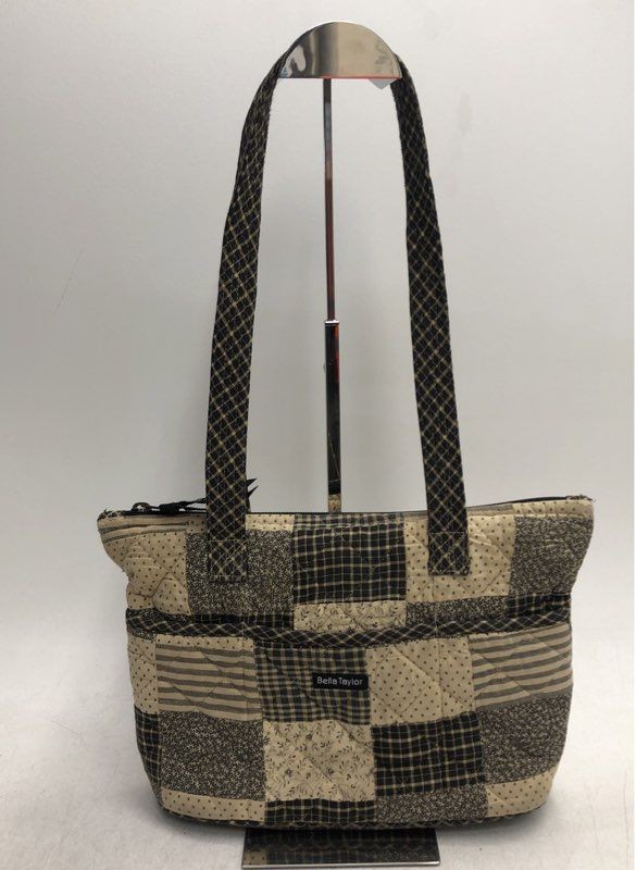 Bella Taylor Tan Black Quilted Patchwork Cotton Tote Shoulder Bag Handbag