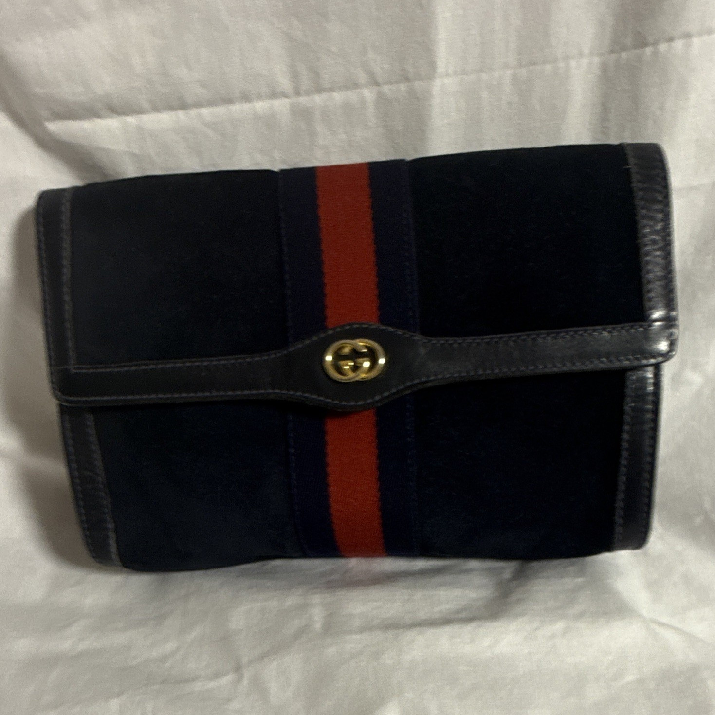 Navy Striped Flap Shoulder Bag Gold Tone Chain Strap Snap Closure Rectangle