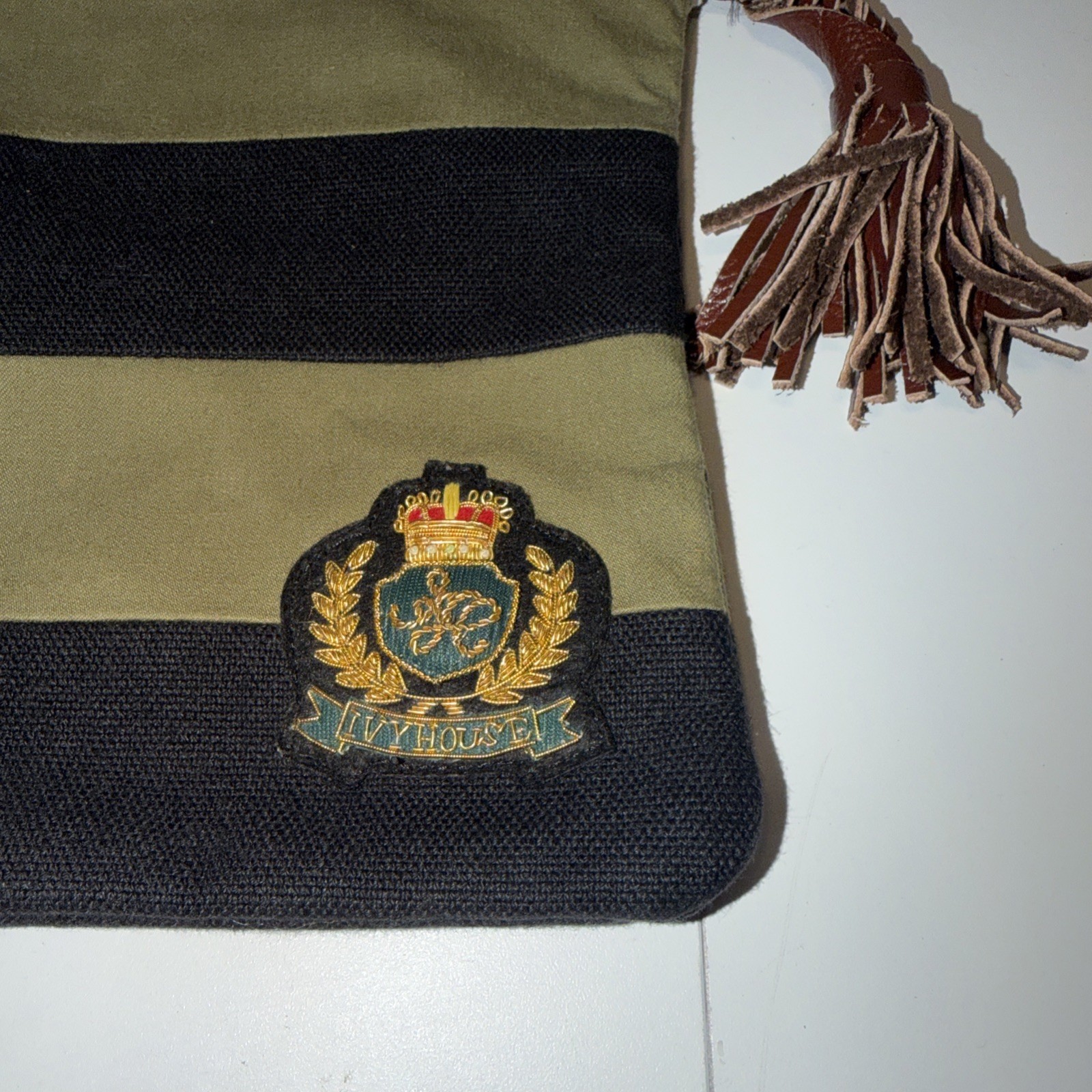 Ivy House Crest Striped Canvas Clutch Bag Pouch Olive Green Black With Tassel