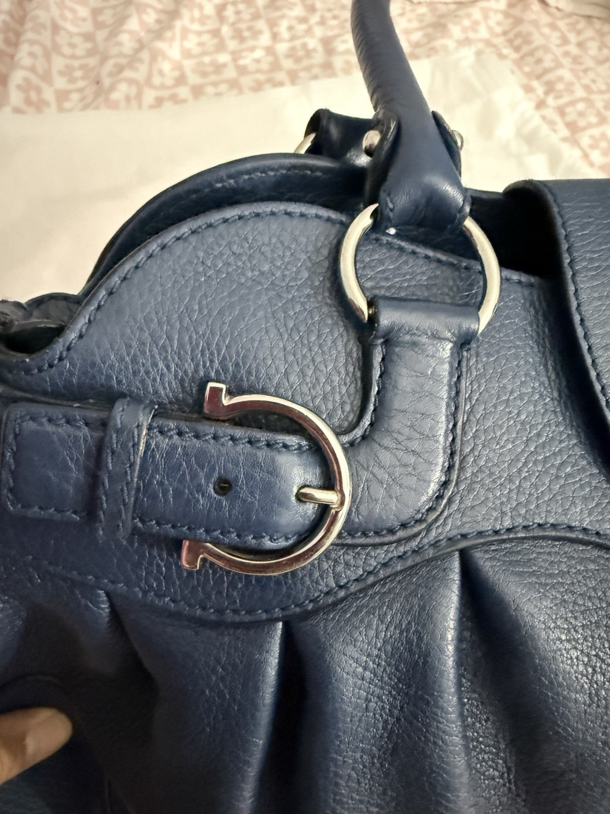 Salvatore Ferragamo Blue Pebbled Satchel Top Handle Zip Silver Hardware Buckle