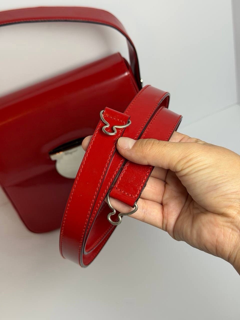 Salvatore Ferragamo Vala Gancini Clasp Red Patent Leather HandBag