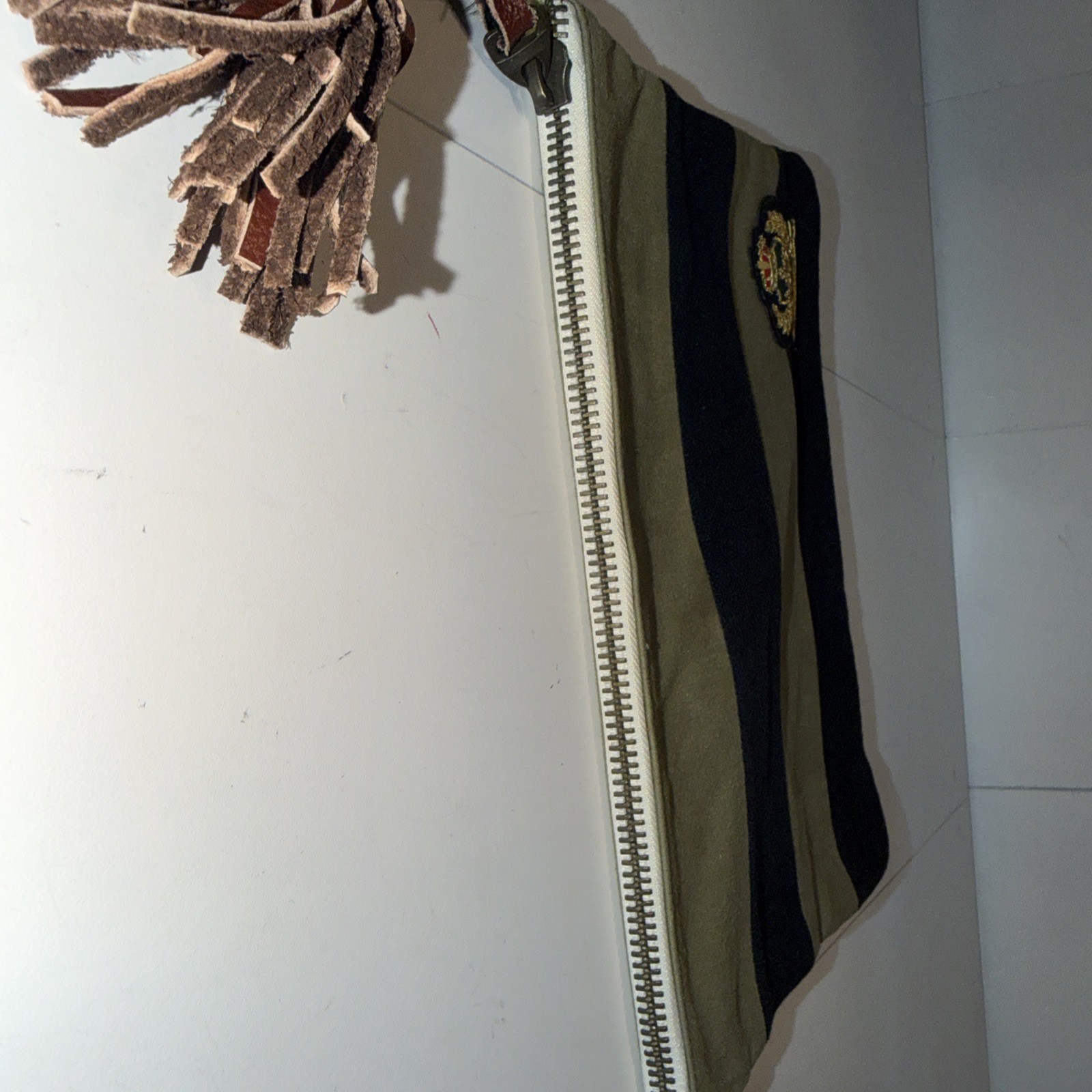 Ivy House Crest Striped Canvas Clutch Bag Pouch Olive Green Black With Tassel