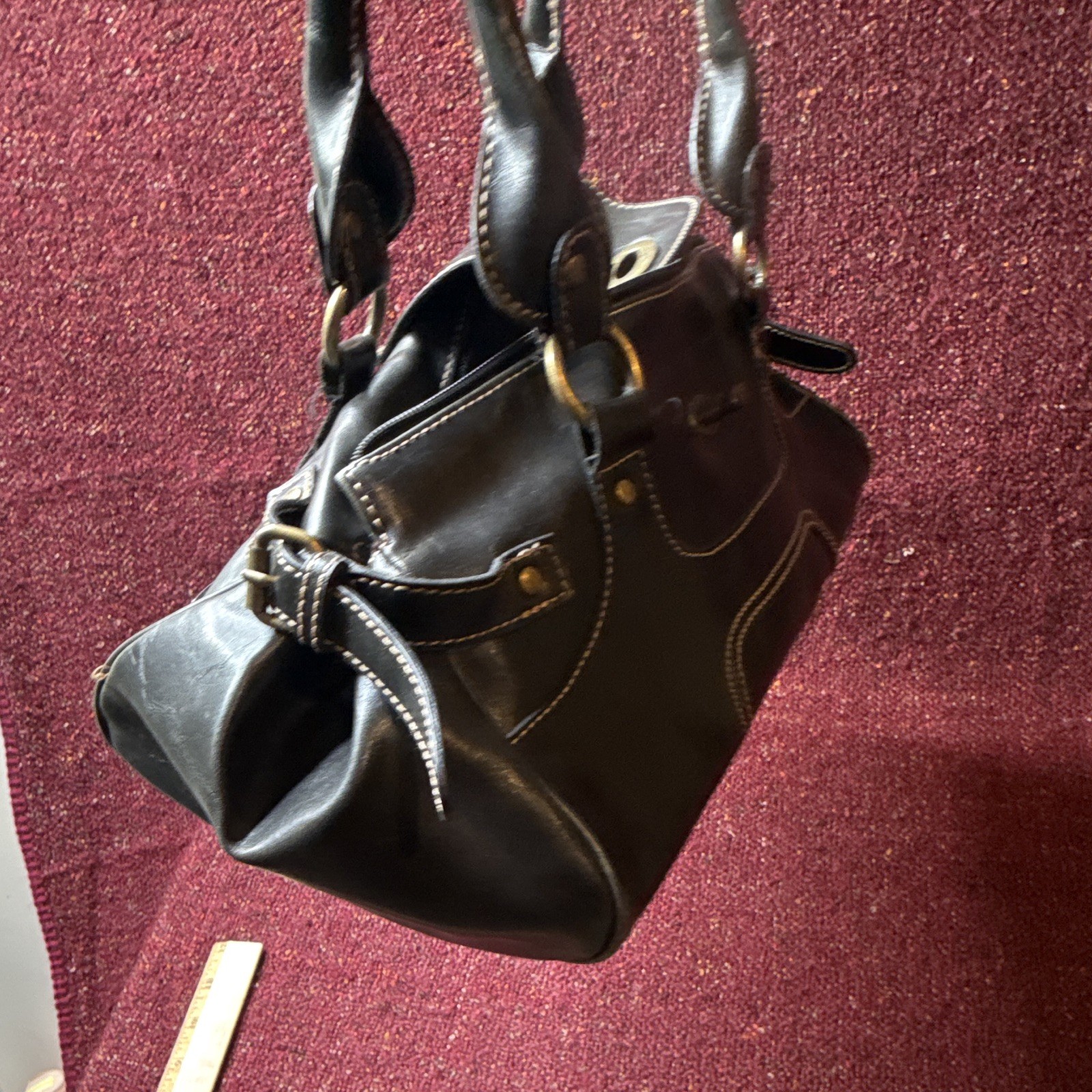 Women’s Black Satchel Top Handle Bag Zip Turn Lock Double Handles Brass HW