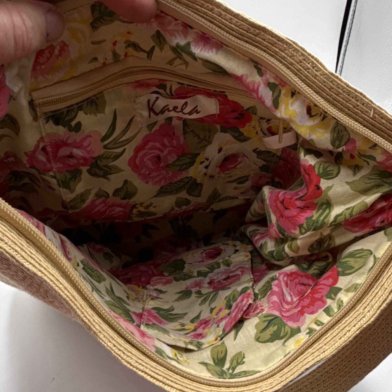 Kaela Beige Floral Applique Beaded Shoulder Bag Zip Top Lined Inner Pockets