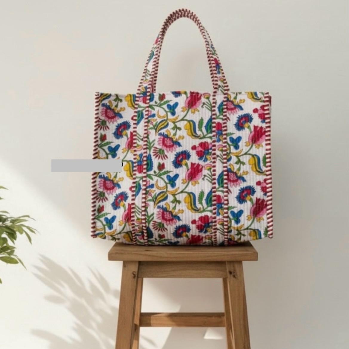 Women Reusable Quilted Cotton Tote Bag Floral Everyday Shoulder Purse