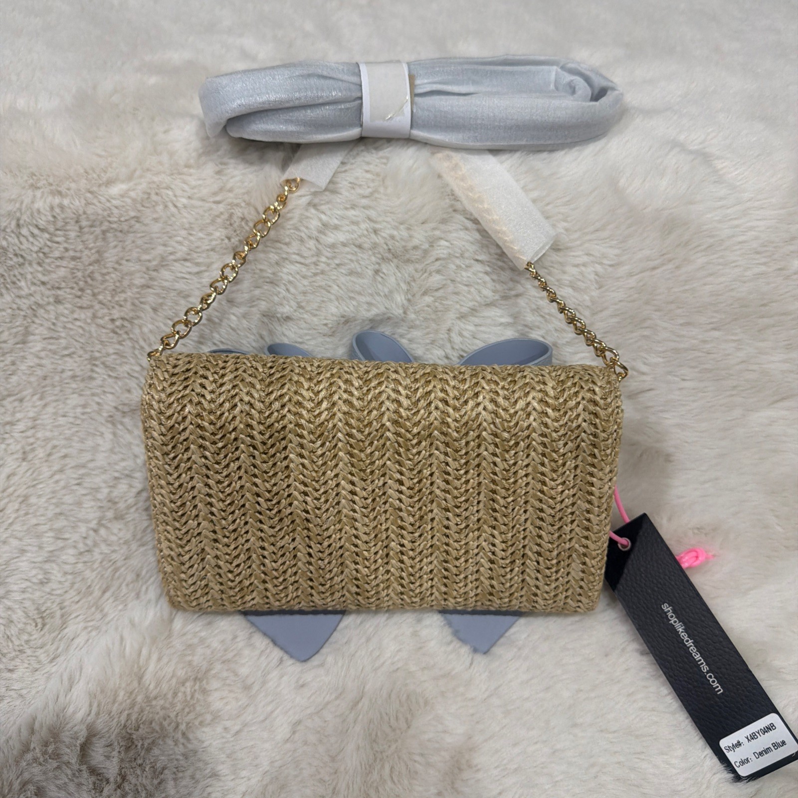 Like Dreams Summer/Beach Style Bonnie Straw Wallet Crossbody Denim Blue Gold NWT
