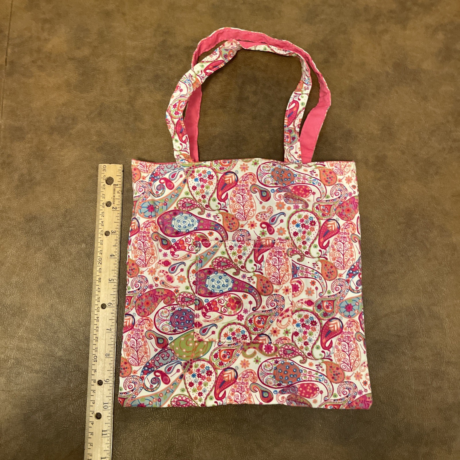 Pink and Green Paisley Cotton Mini Tote Bag 10” x 10”