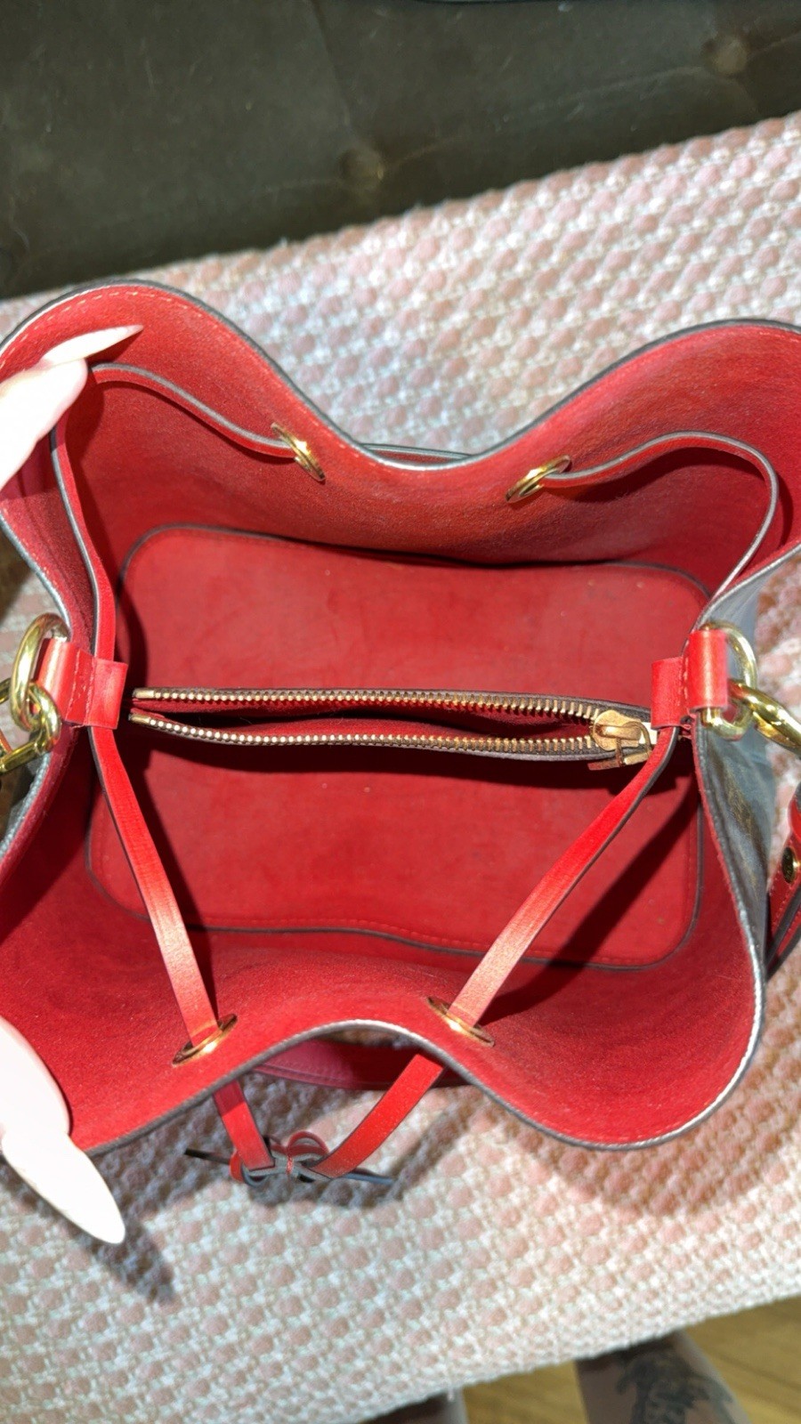 Louis Vuitton Monogram Bucket Drawstring Bag Brown/Red, Detachable Strap