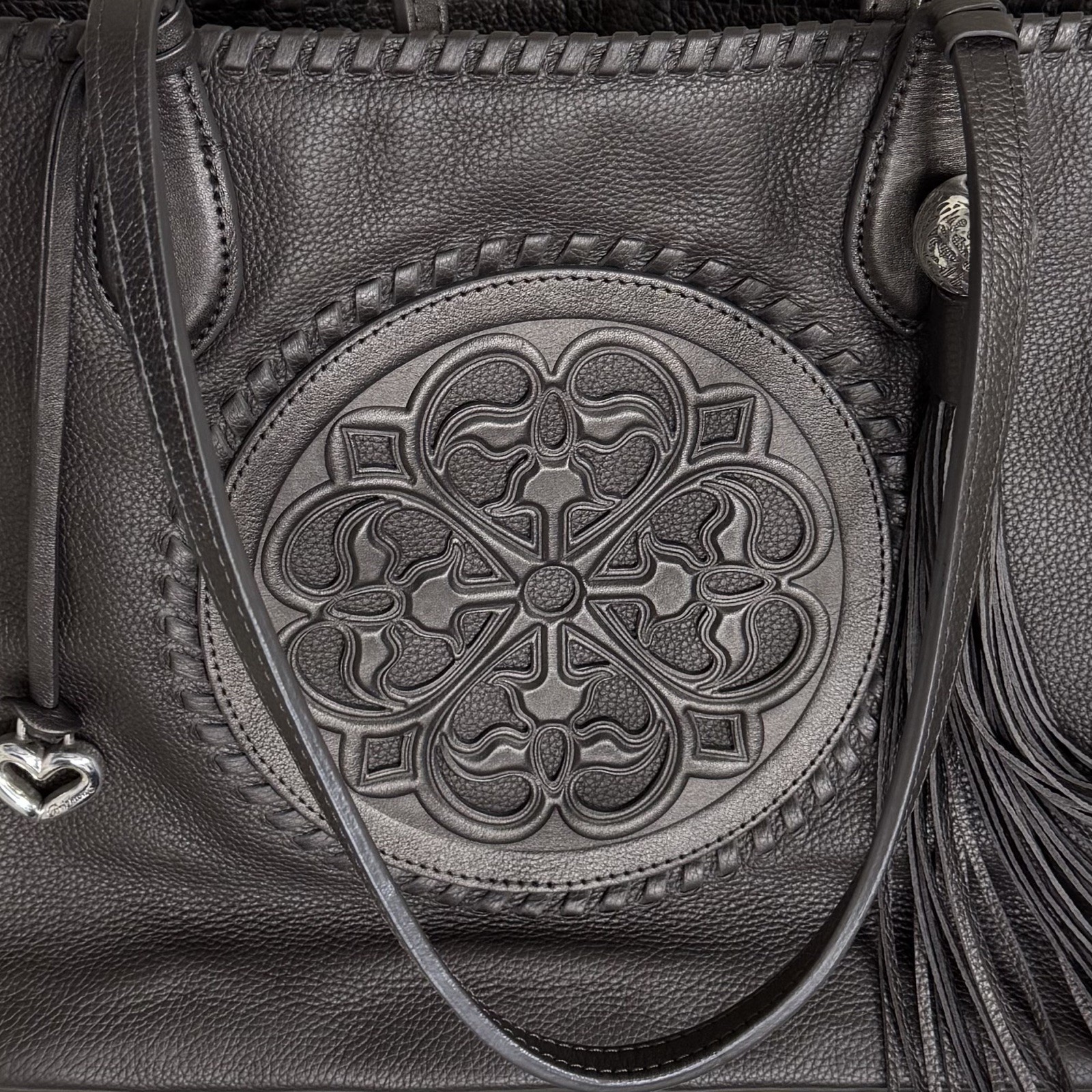 BRIGHTON FERRARA COLLECTION PEWTER GABRIELLA MEDALLION TASSELED TOTE PURSE