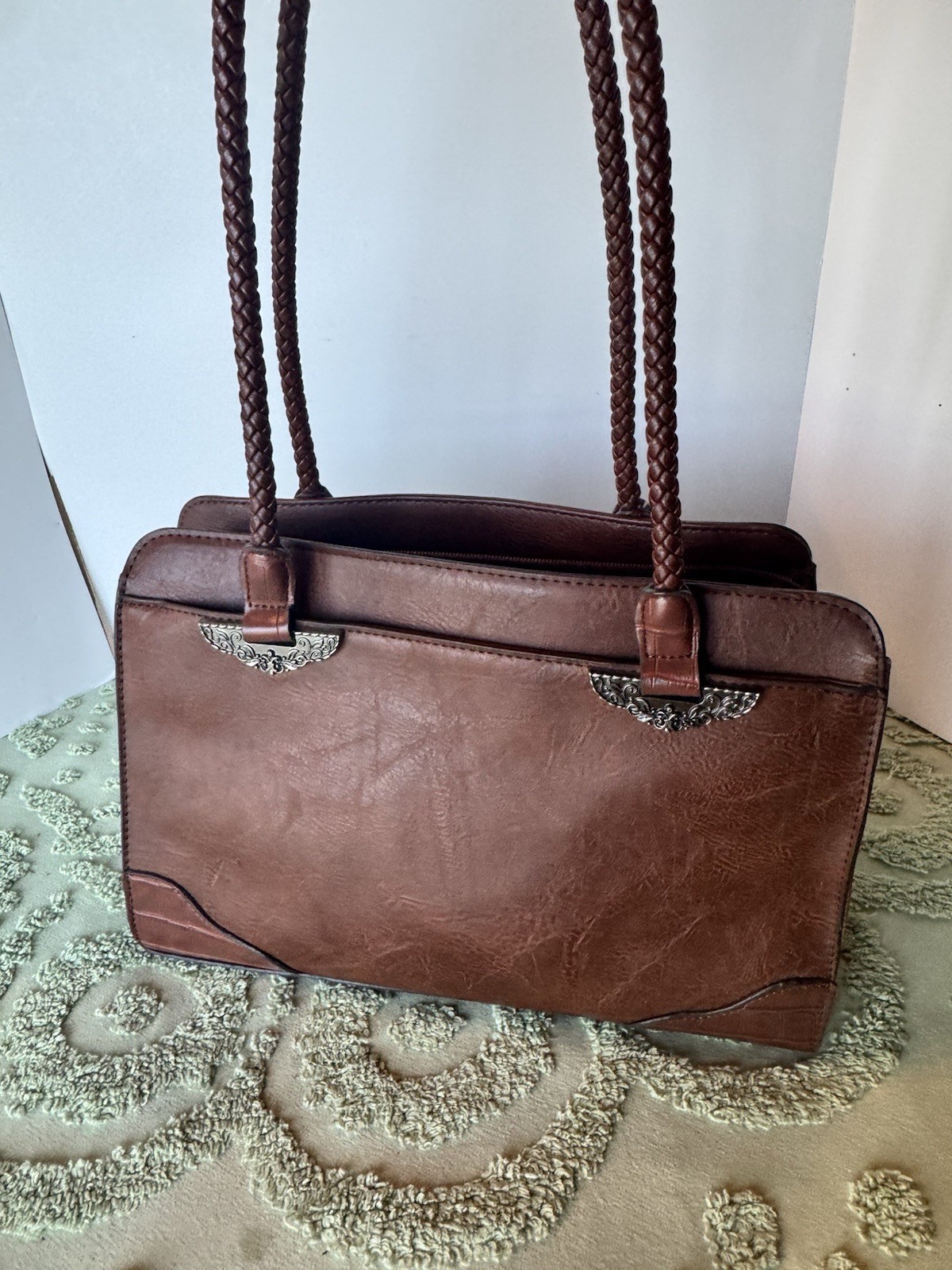 Bueno Satchel Bag Womens Medium Brown Faux Leather Braided Western Handbag Purse