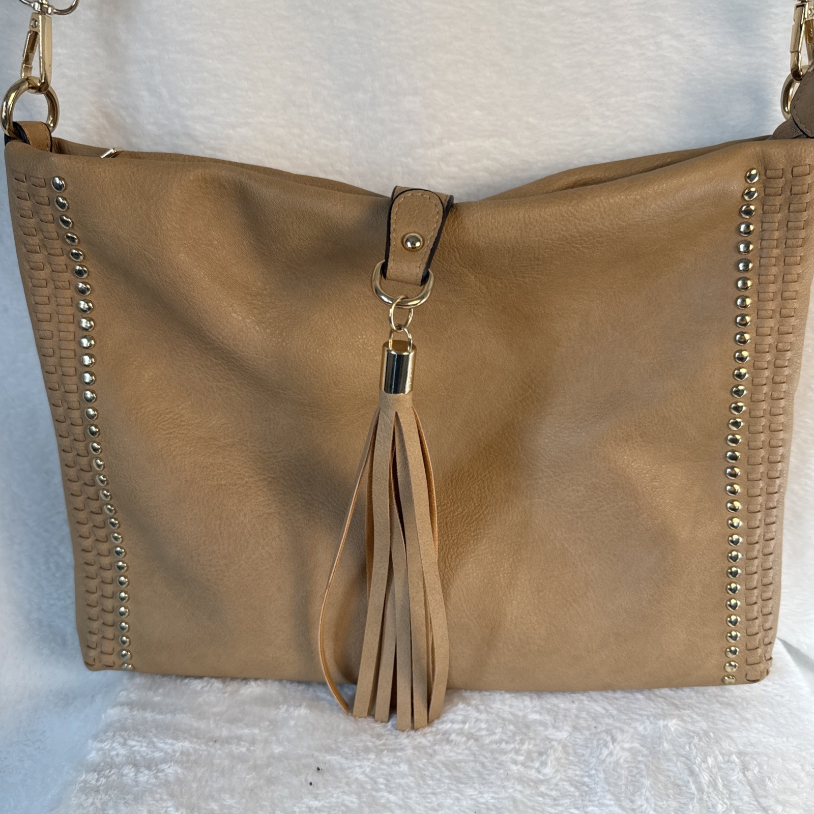 Coco+Carmen Vegan leather bag with gold brads and tassle – cross body
