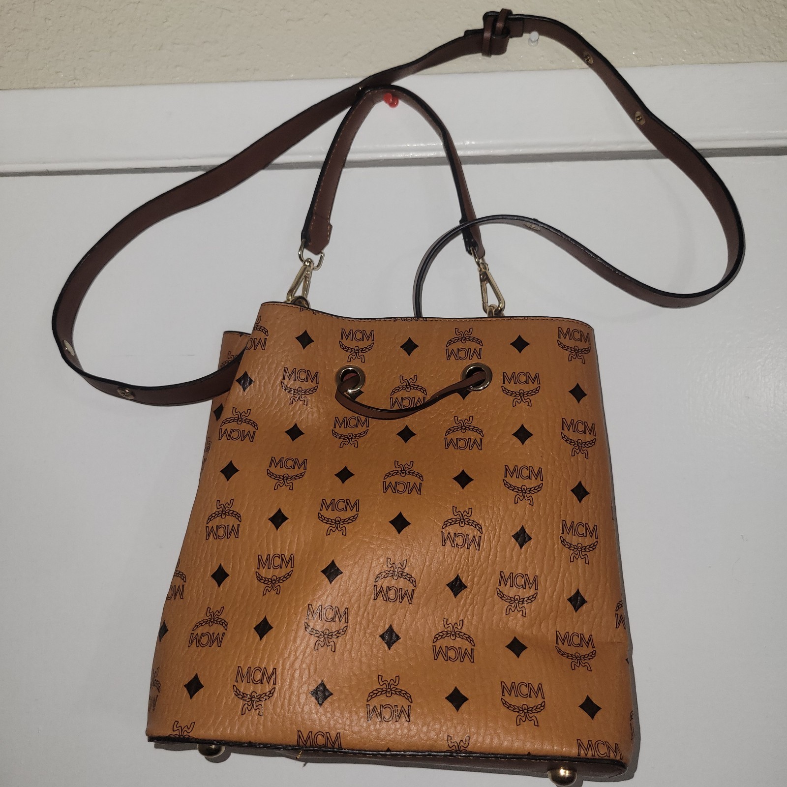 Rare MCM Visetos Cognac Drawstring Bucket Bag Crossbody Shoulder Authentic