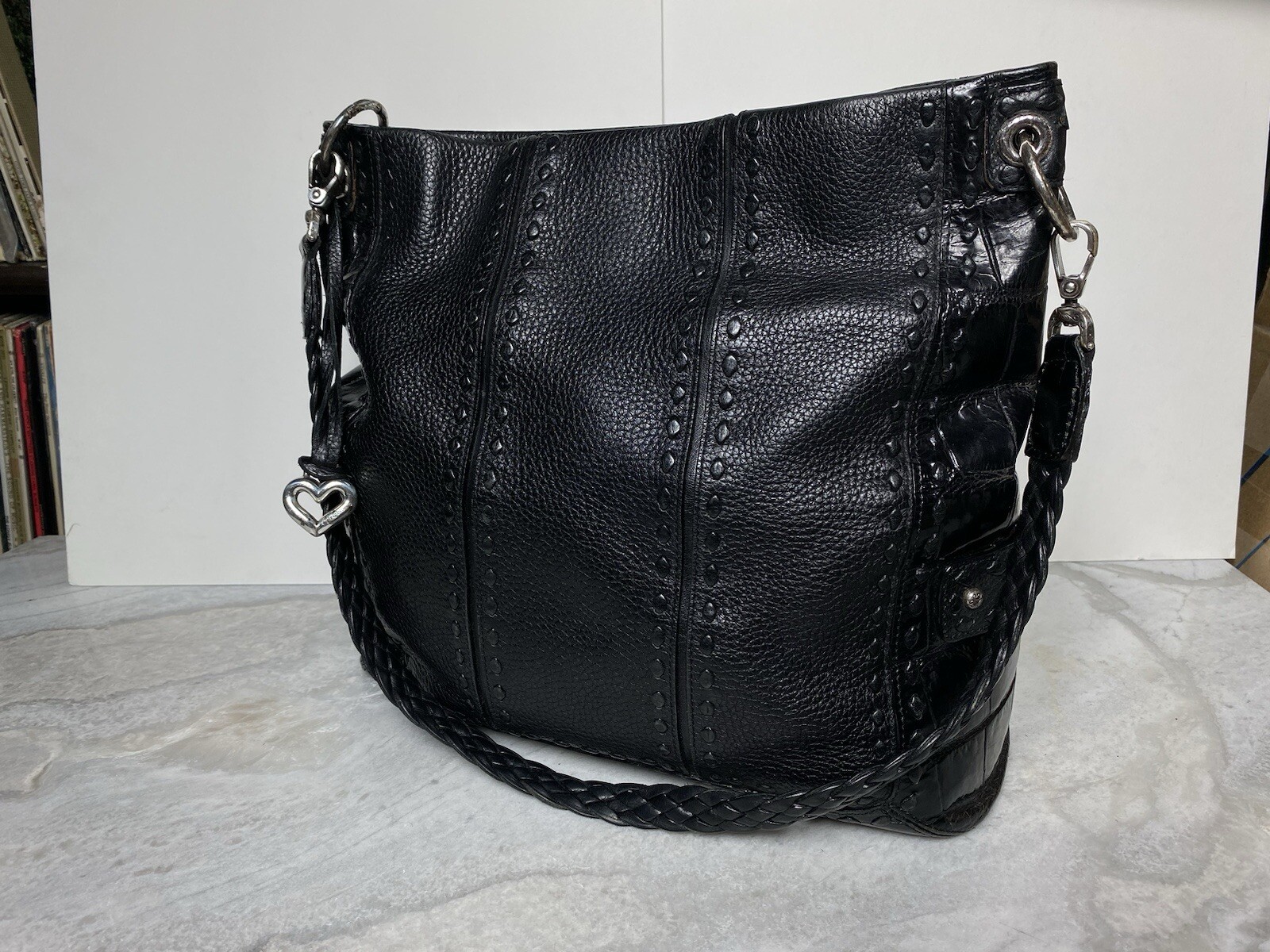 BRIGHTON COLLECTION BLACK LEATHER Whip Stitch HOBO HANDBAG Crocodile Pattern-FS!