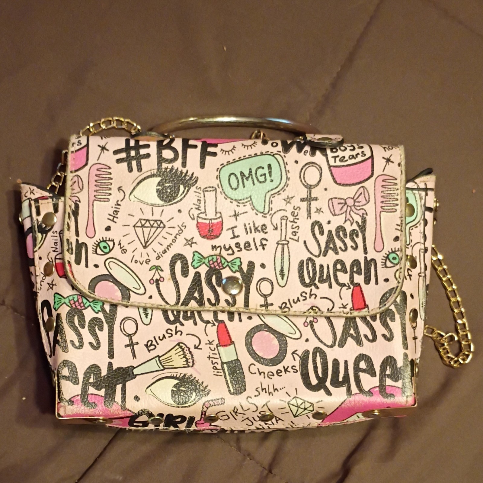 Multicolor Graphic Print Small Shoulder Bag Gold Chain Strap Metal Handle