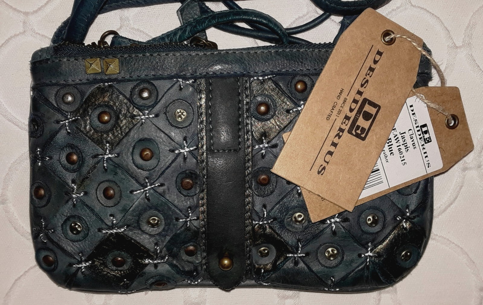 DESIDERIUS Studded Metallic Blue Slate Leather CLAVUS JASPIS X-Body Clutch Bag