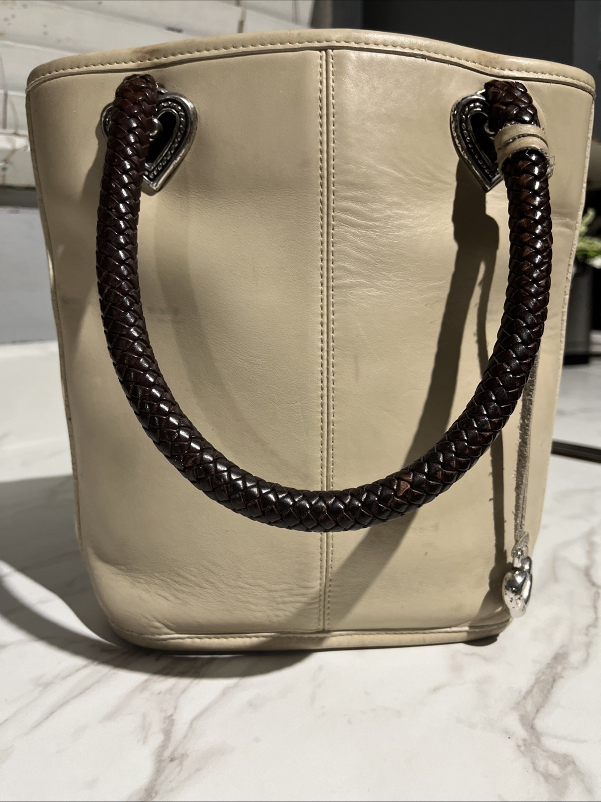 Brighton Leather Bucket Handbag Braided Straps Tote Bag Purse Heart Accents 51