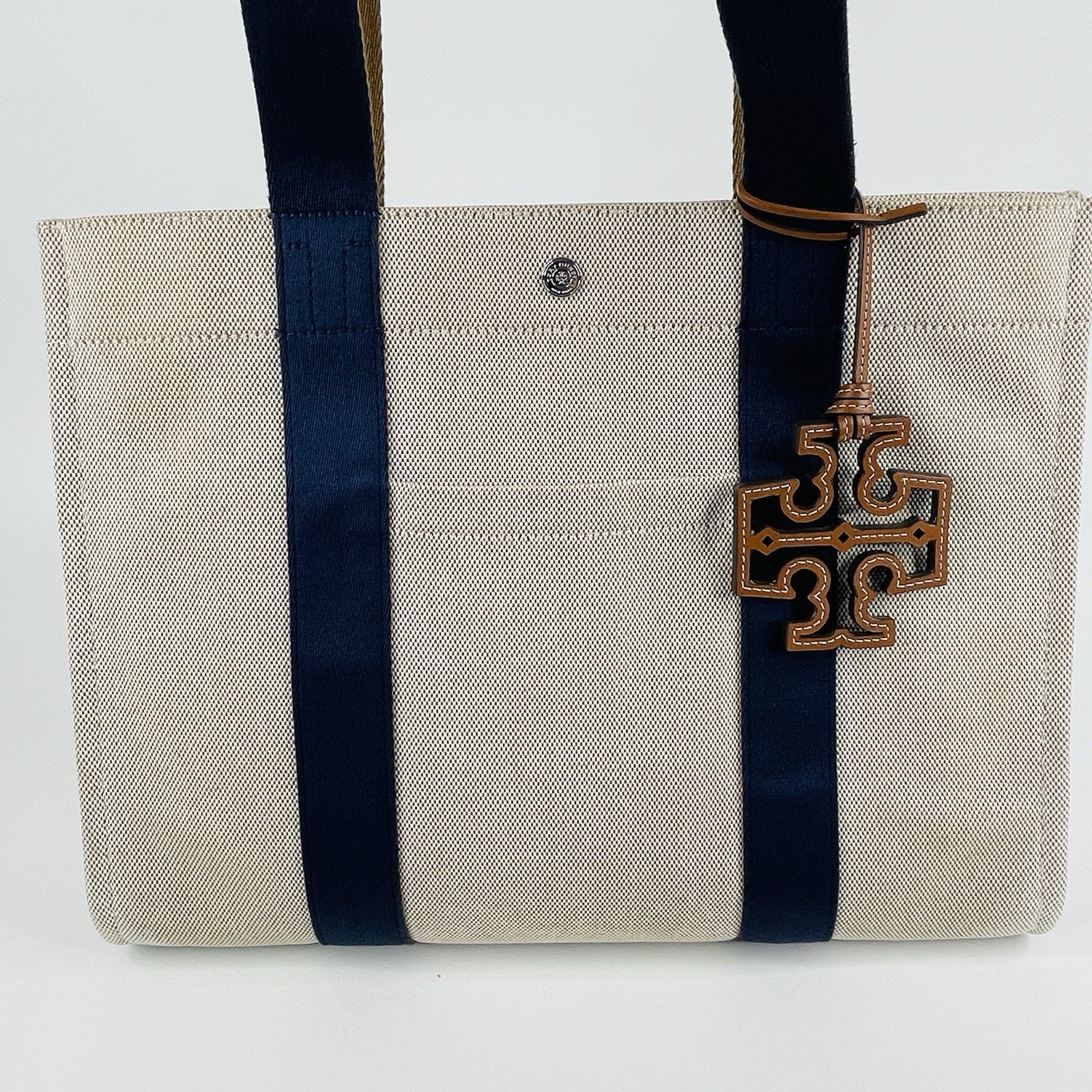 Tory Burch Beige Canvas w/ Navy Blue Grosgrain & Leather Accent Tote Bag 15×11.5