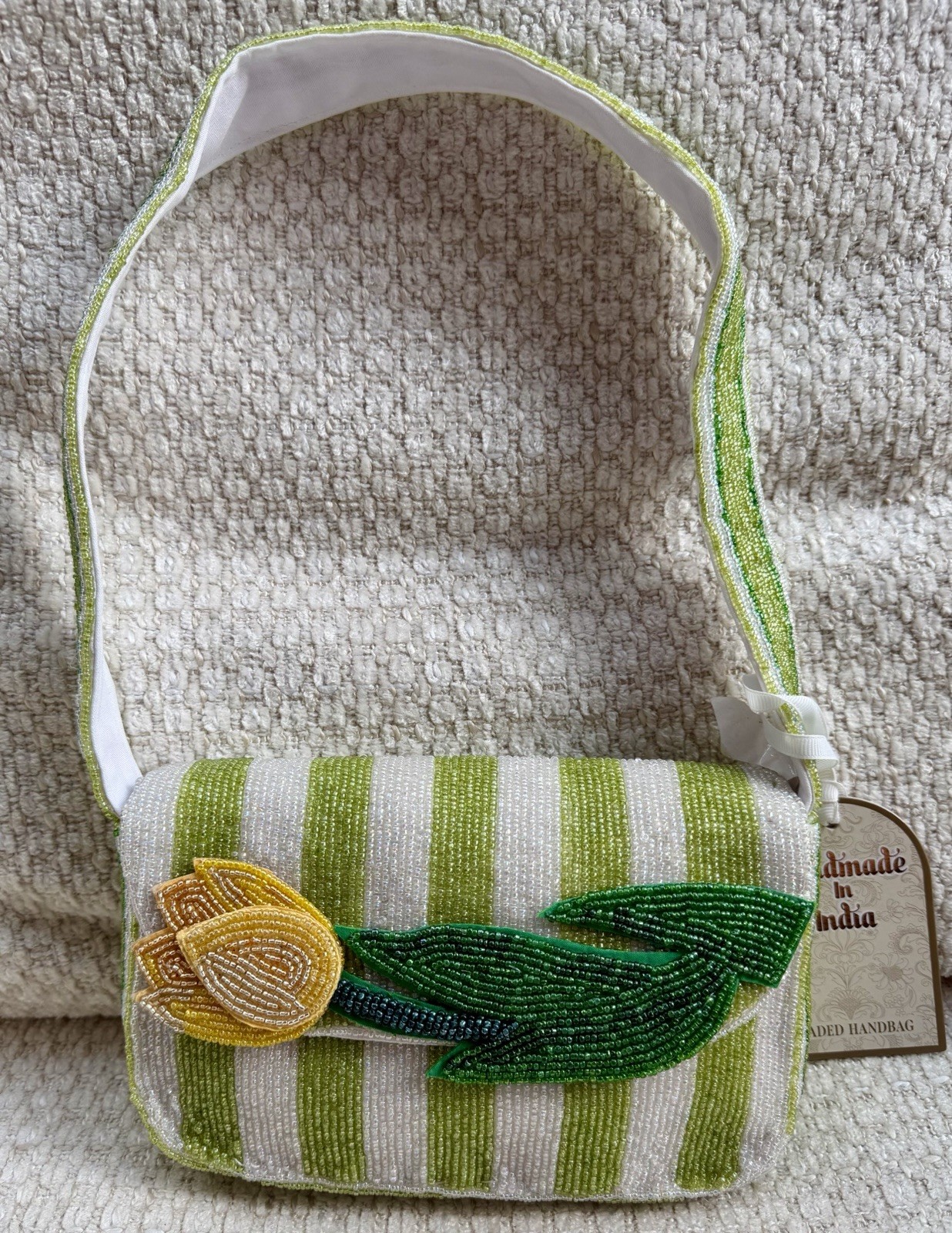 Handmade In India Beaded Yellow Tulip Green & White Striped Shoulder Bag NWT