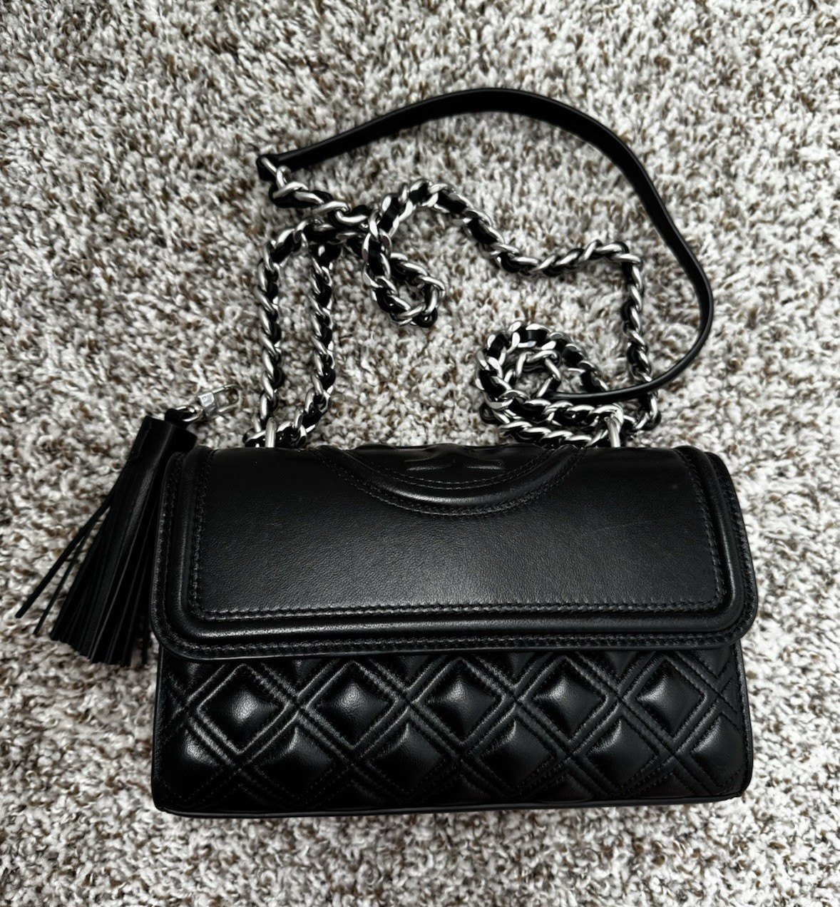 Tory Burch Fleming Black Quilted Chain Strap Tassel Small Crossbody
