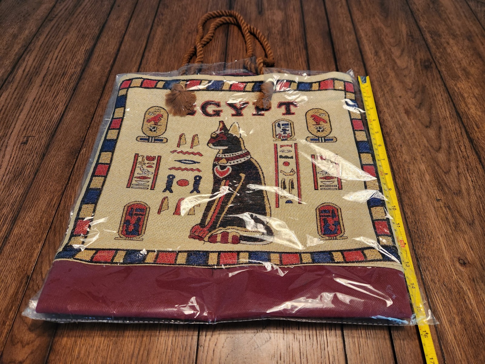 Egypt Sphinx Cat Tote Rope Handle Canvas Purse Grocery Bag Hieroglyphics