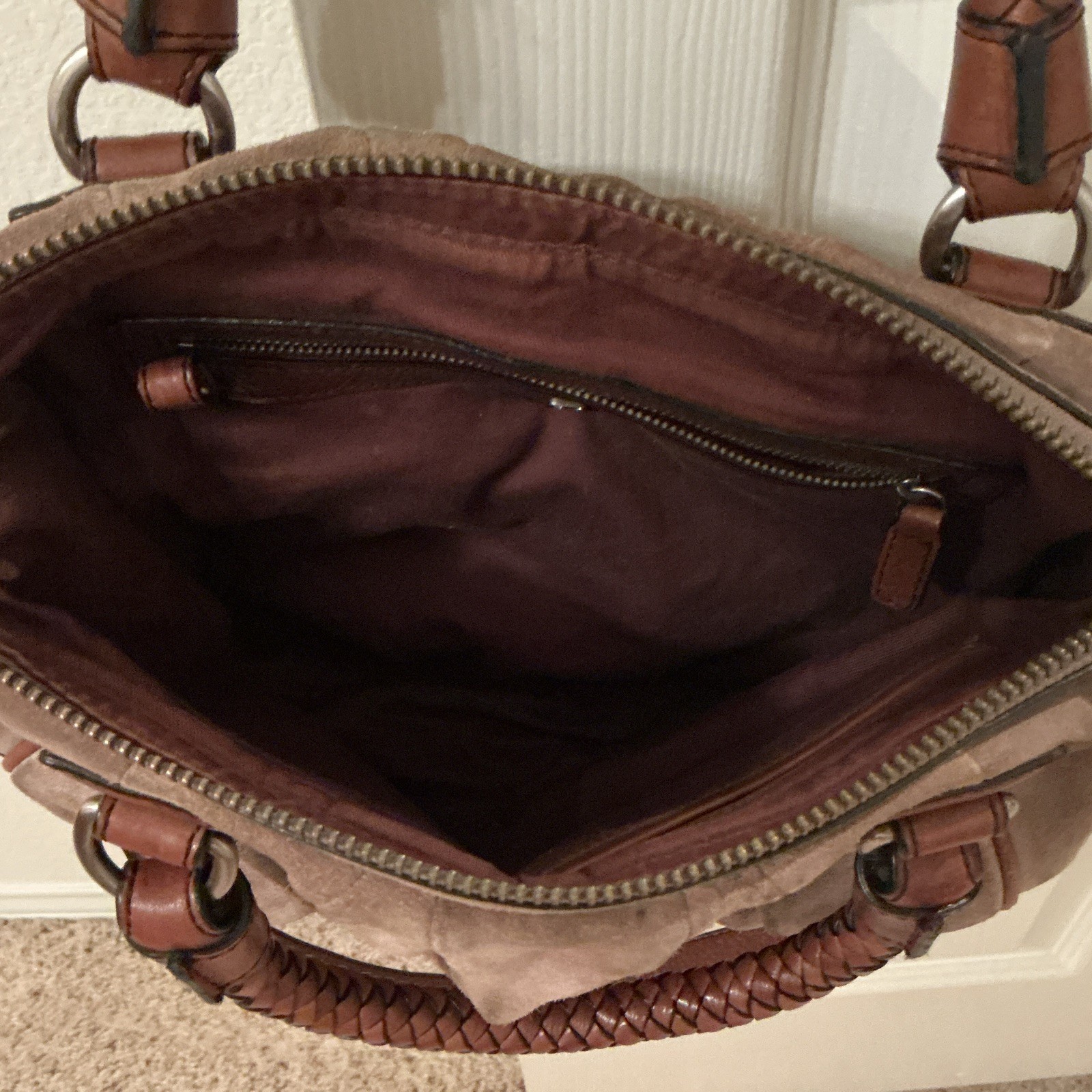Banana Republic beautiful suede handbag taupe braided handle needs cleaning
