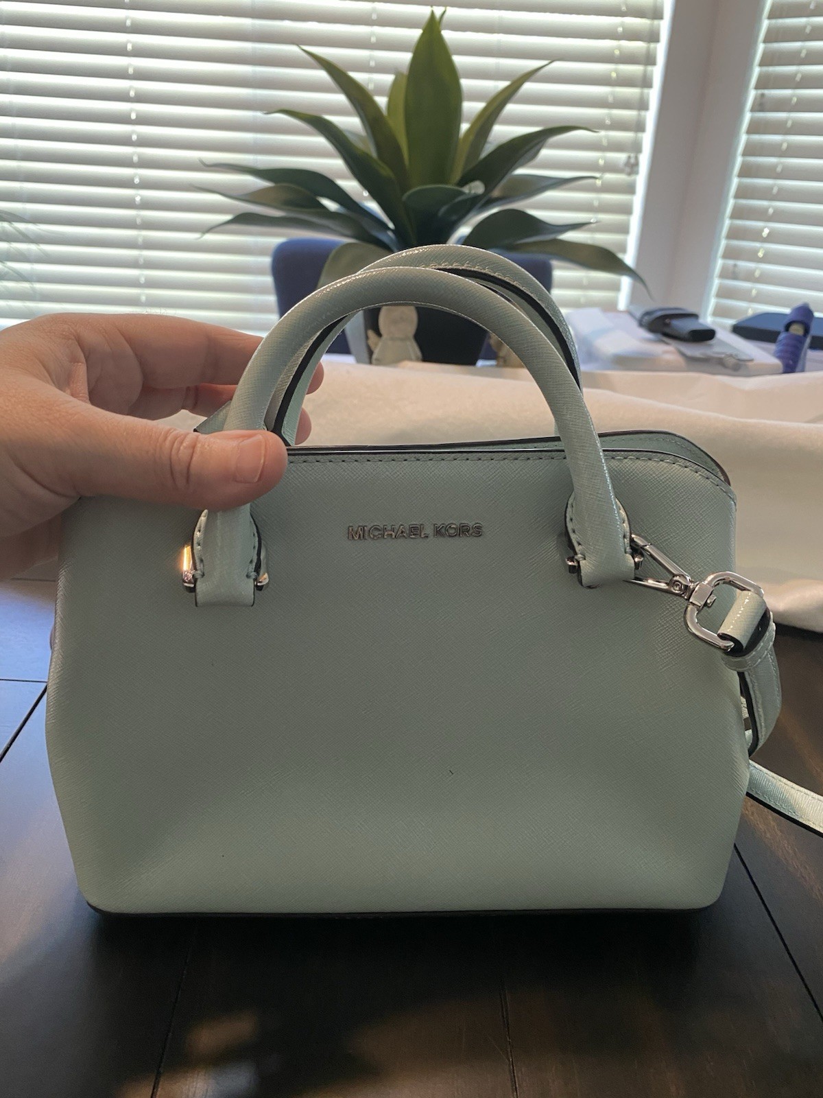 Michael Kors Light Blue Satchel Top Handle Bag Shoulder Strap Dust Bag Silver