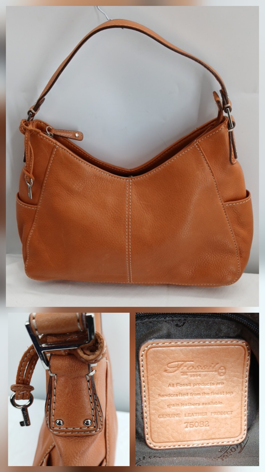 Vintage Fossil Purse Caramel Pebbled Leather Hobo Shoulder Bag Pockets 75082