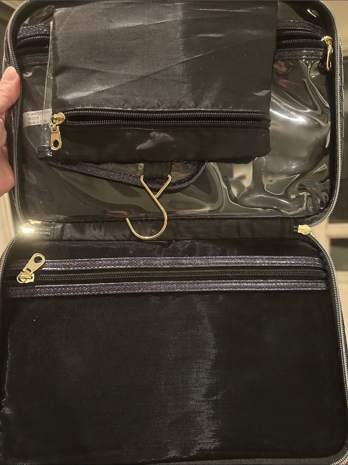 bebe Shimmery Quilted Black Glitter Cosmetic Case