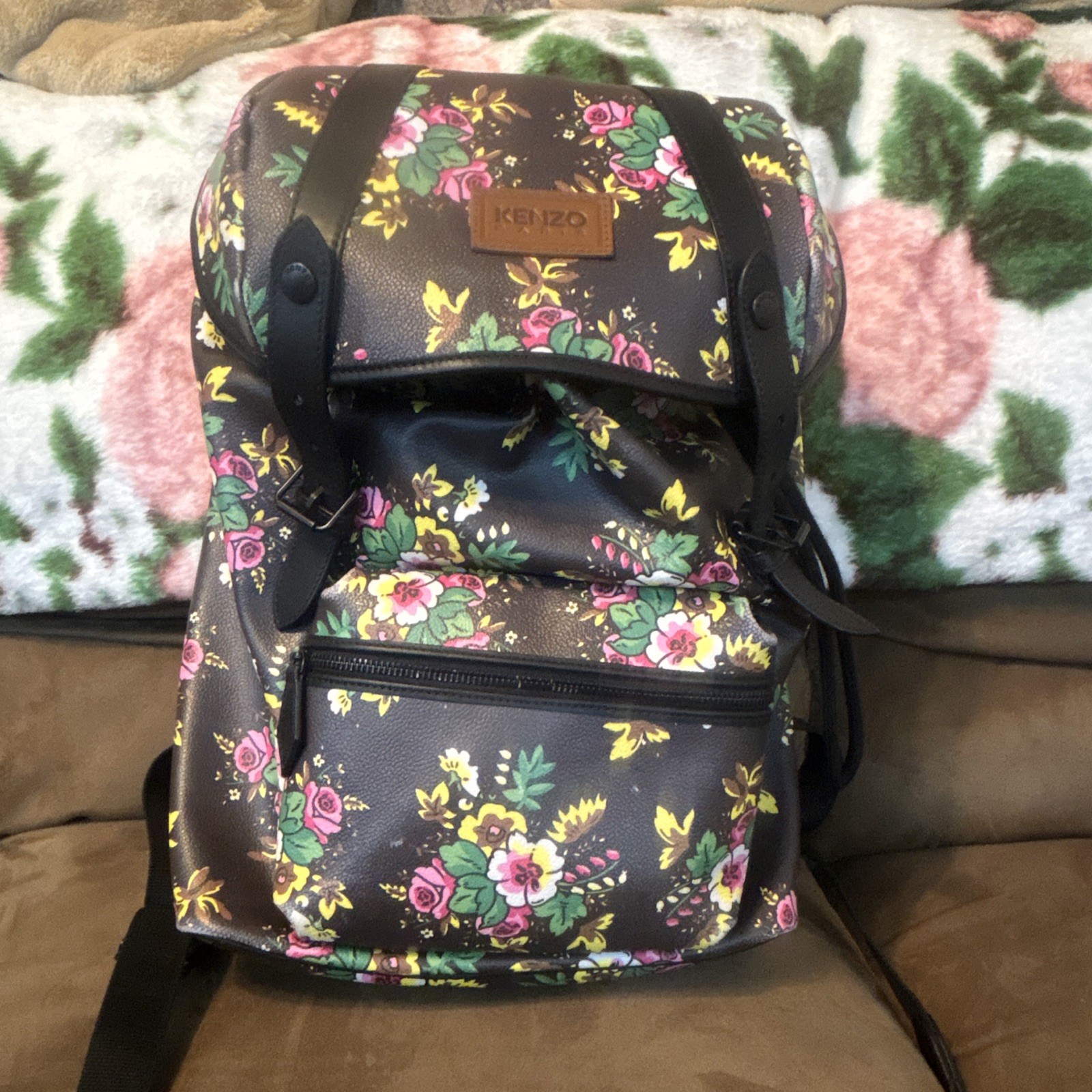 KENZO Floral Print Black Multicolor Women’s Backpack Drawstring Buckle Zip