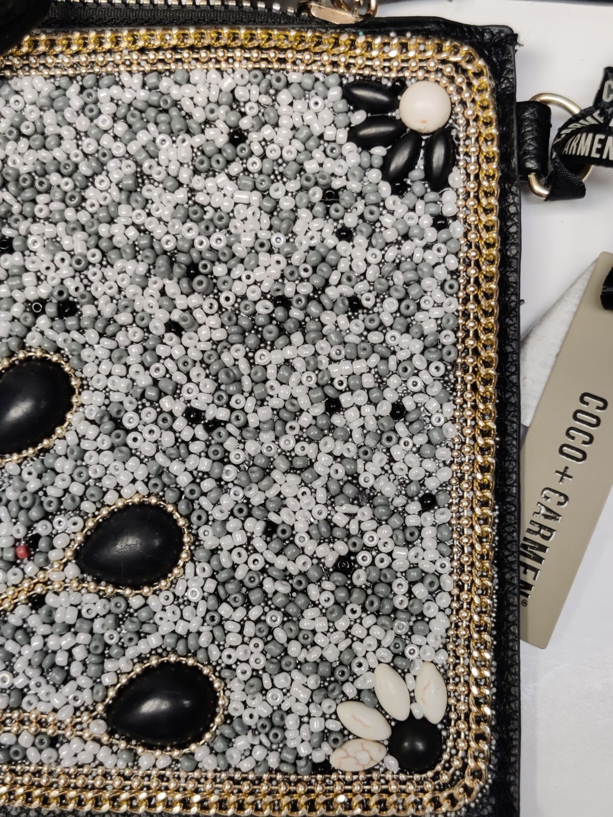 COCO + CARMEN White And Black Artisan Beaded Crossbody Clutch Bag