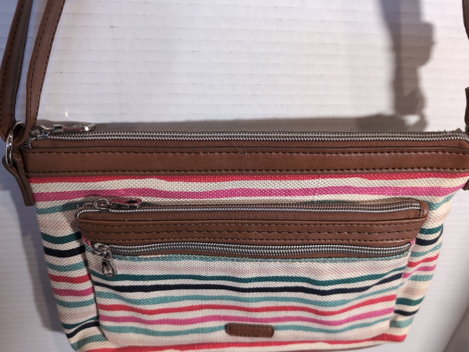 RELIC by FOSSIL COLORFUL STRIPES Woven CROSSBODY/SHOULDER BAG BROWN TRIM