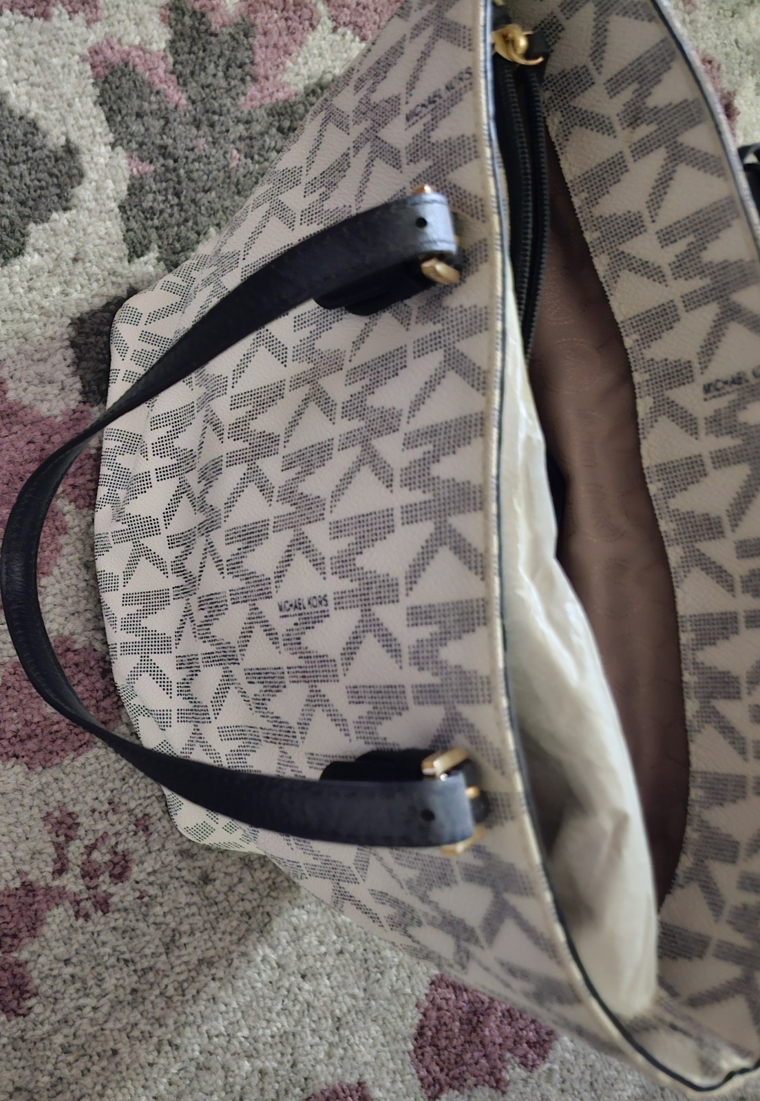 Michael Kors Beige Navy Logo Medium Tote Zip Double Handles Gold Hardware Charm