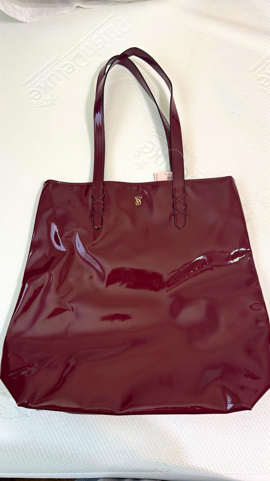 Victoria’s Secret Cherry Burgundy Patent Faux Leather Tote Bag Gold V Logo