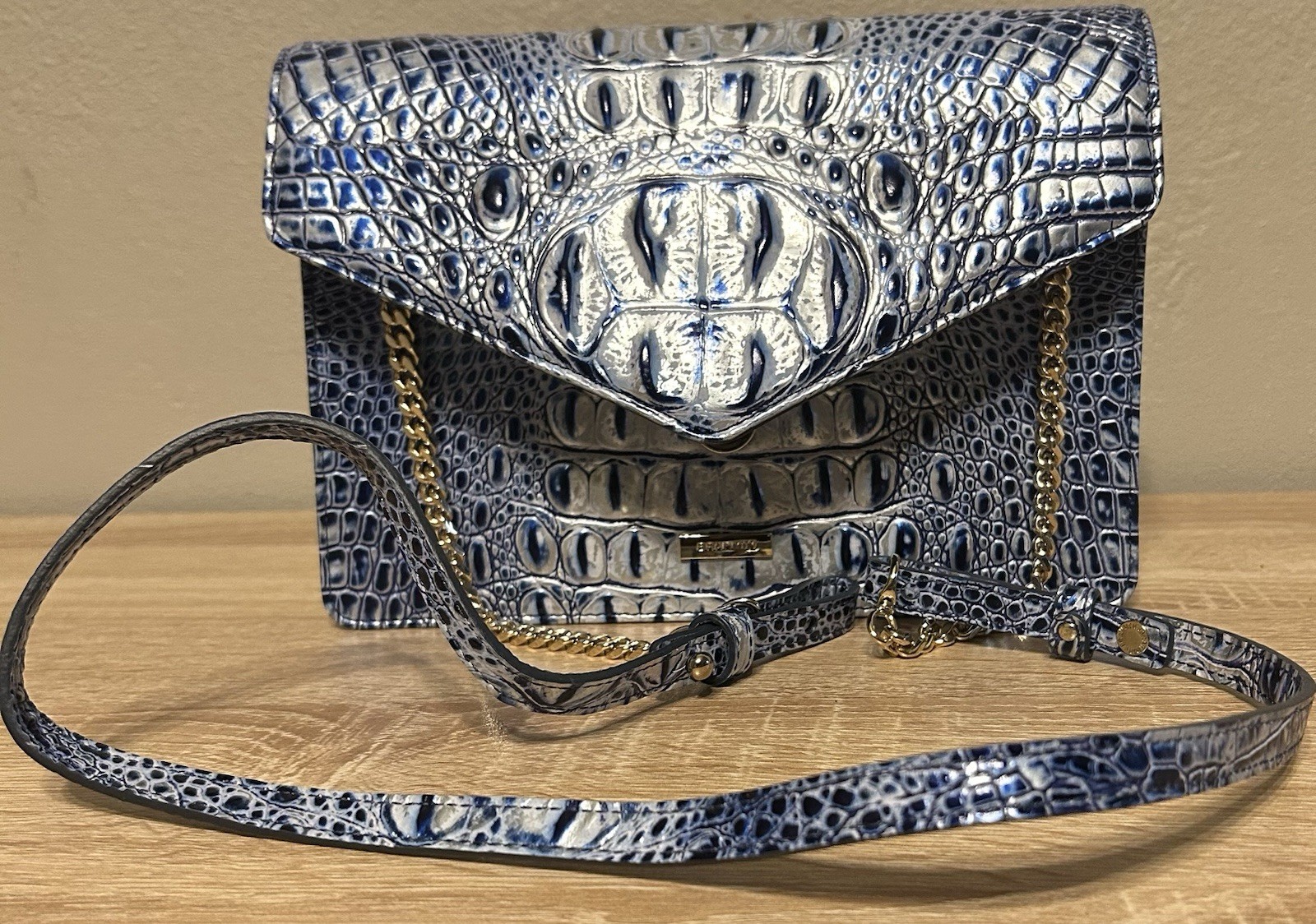 Brahmin Blue/Silver Croc Embossed Crossbody Bag Snap Closure Chain Strap, Small