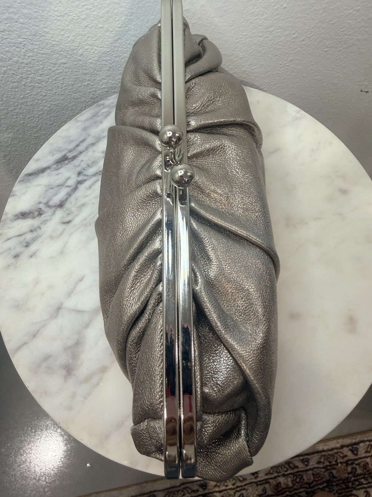 Express Metallic Silver Kiss Lock Pleated Clutch, Lined w/ Inner Pockets