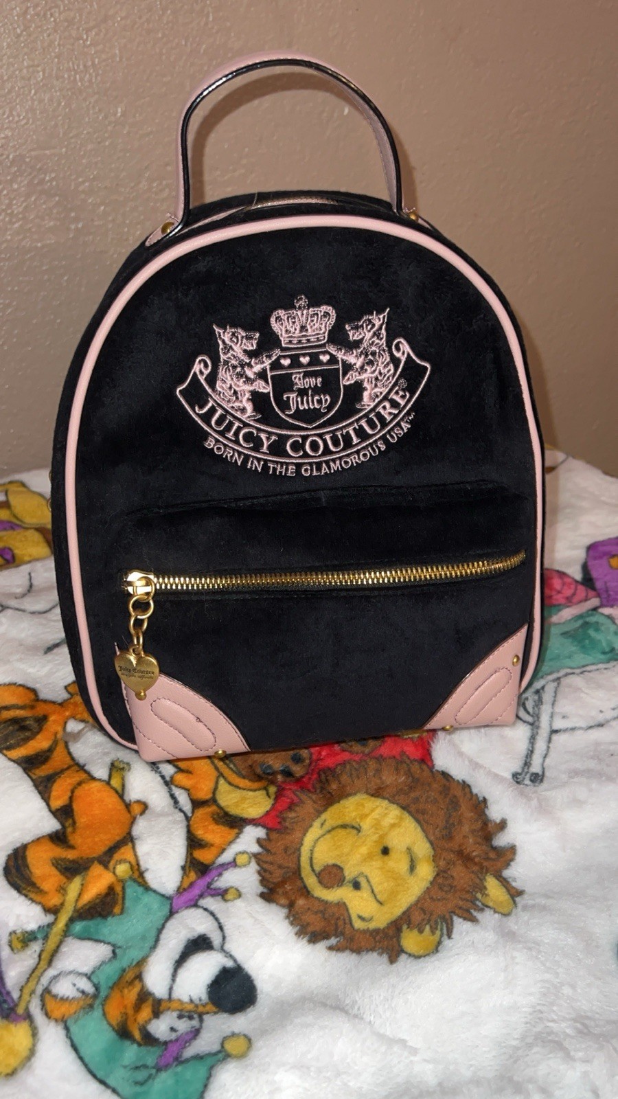 Juicy Couture black pink logo mini backpack zip top handle gold charm