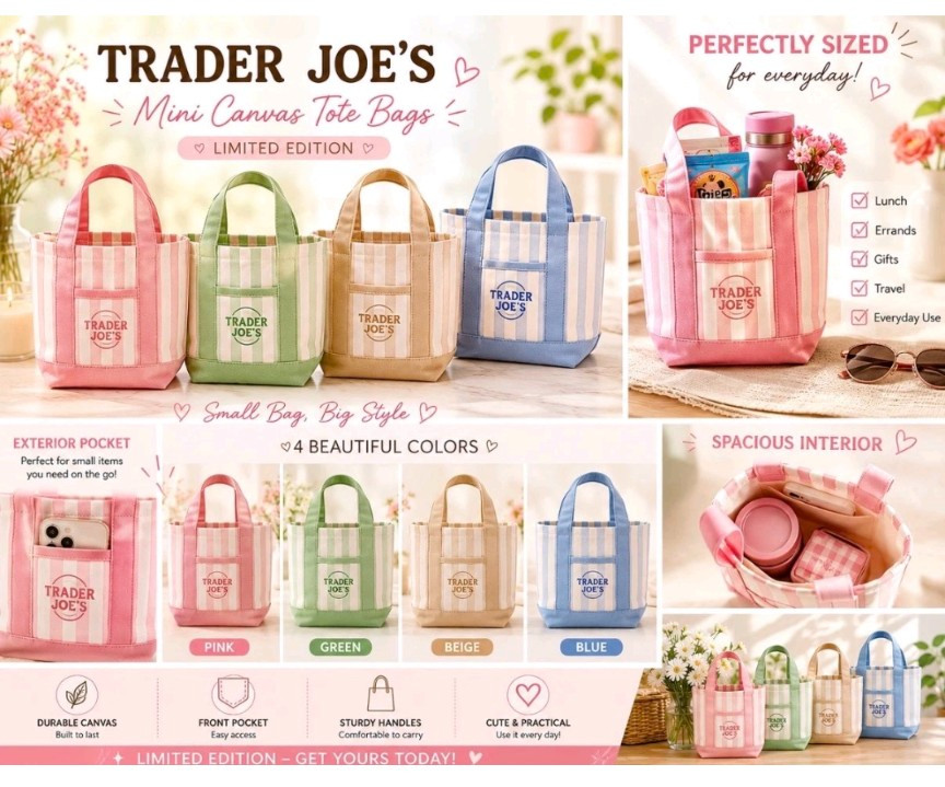 Trader Joe’s Limited Edition Pastel Stripe Mini Tote Bags-Set of 4 (Spring 2026)