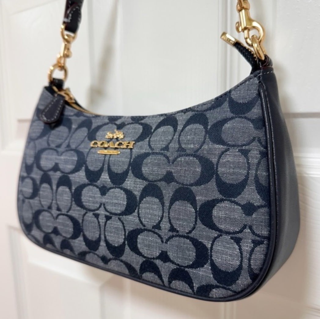 Coach Monogram Navy Denim Shoulder Bag, Crossbody, Zip Closure, Coach Outlet
