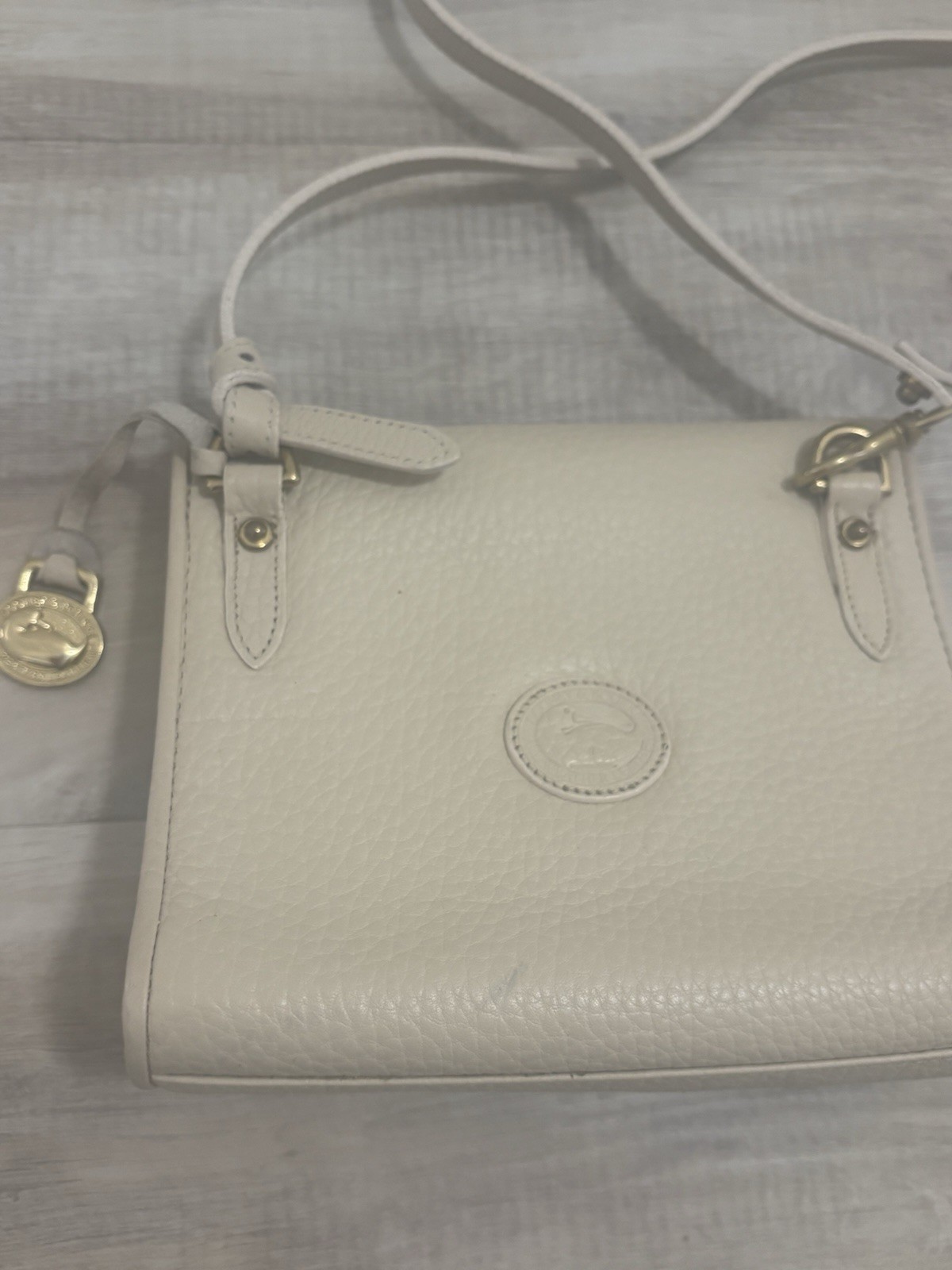DOONEY & BOURKE Vtg Crossbody Mini Handbag, Cream Pebbled Leather, Brass Accents