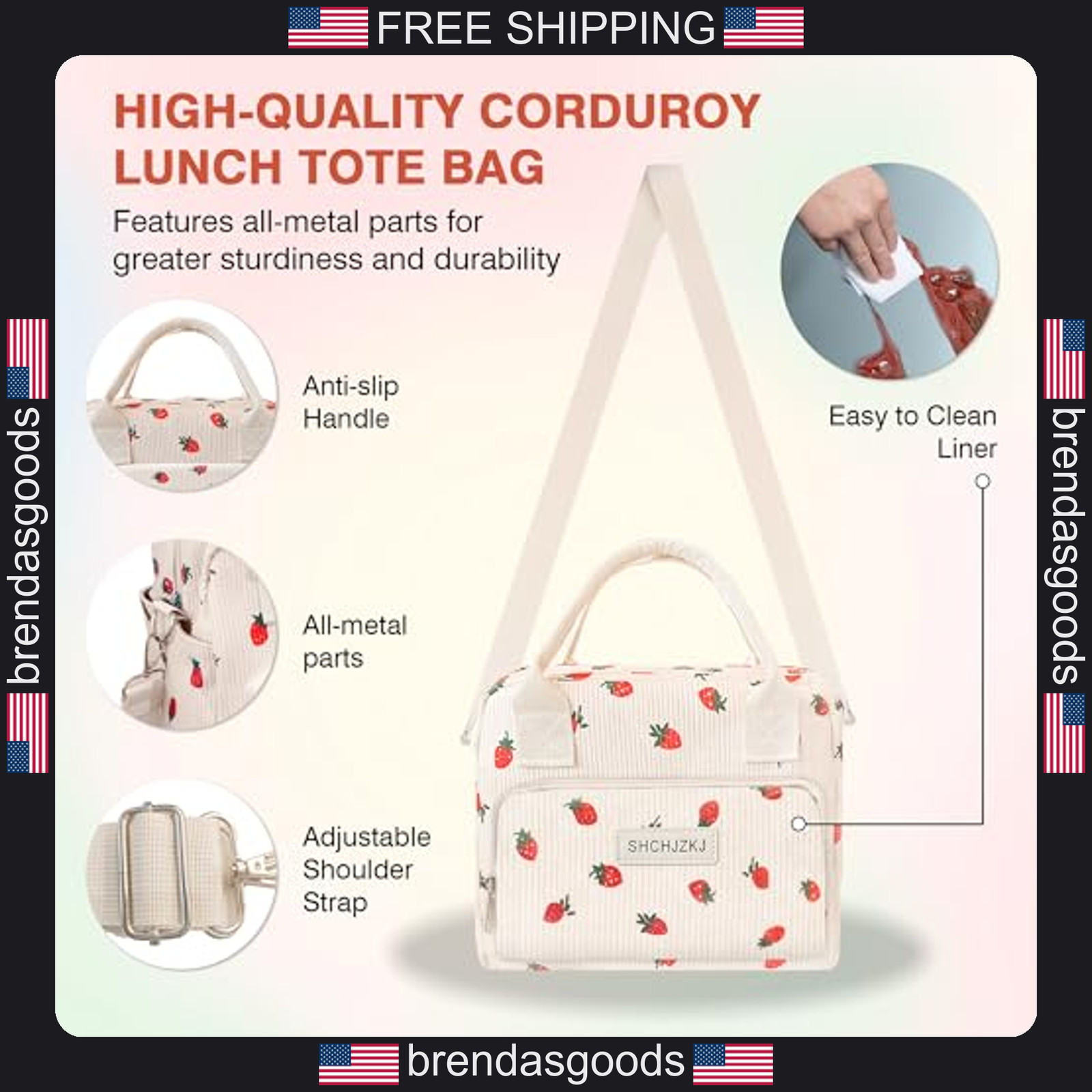 Large Corduroy Lunch Bag with Adjustable Shoulder Strap for Women