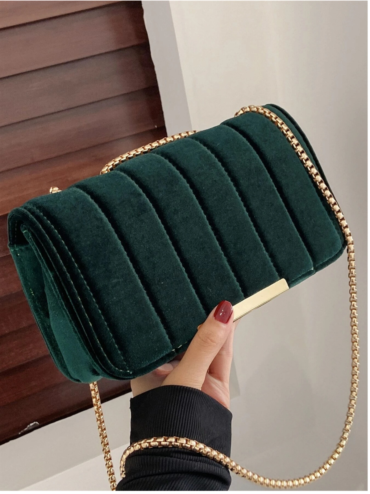 Green Business Casual Lightweight Portable Fashion Velvet Chain Chain Flap Bag