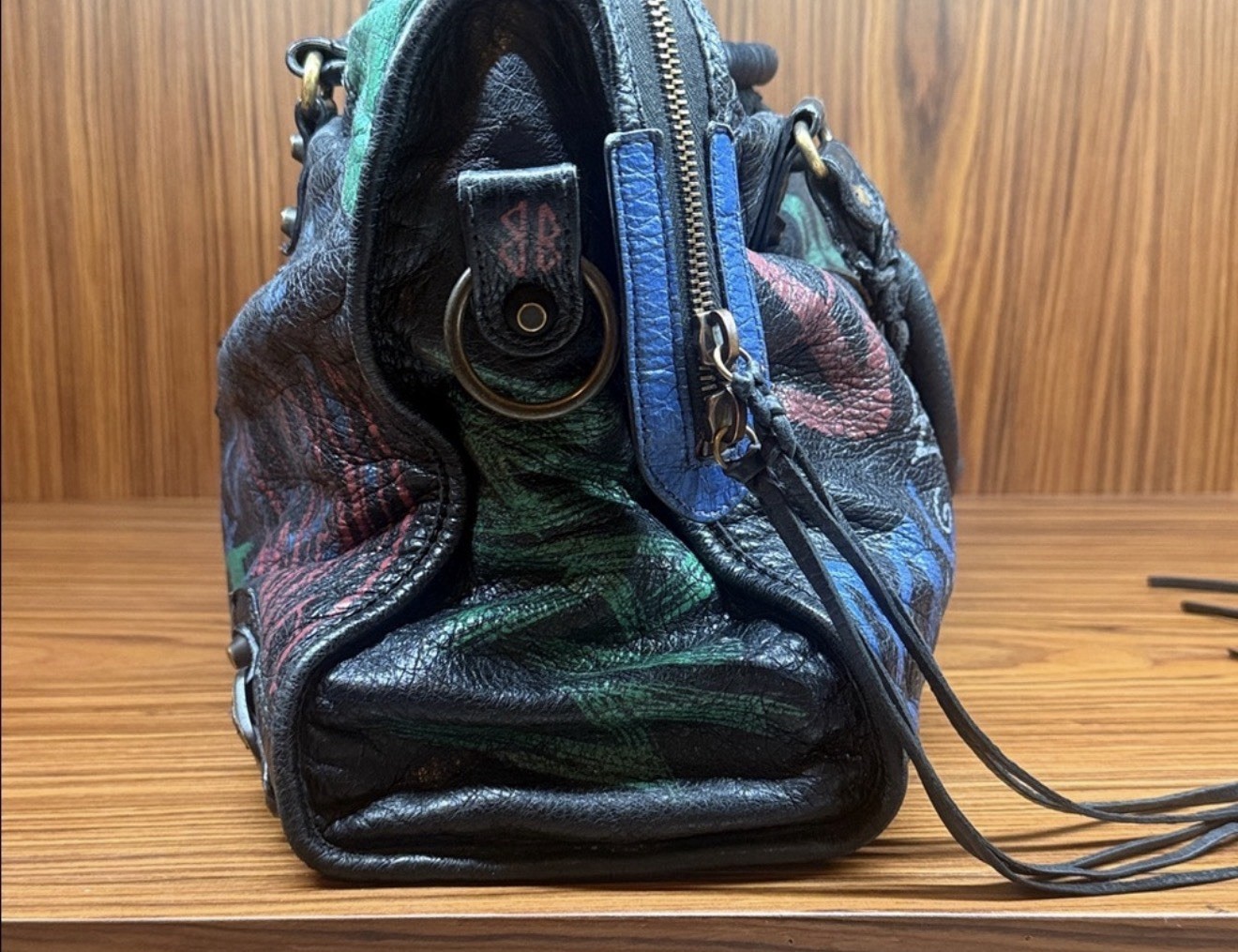 Balenciaga Black Graffiti Satchel Top Handle, Medium, Detachable Strap, Brass